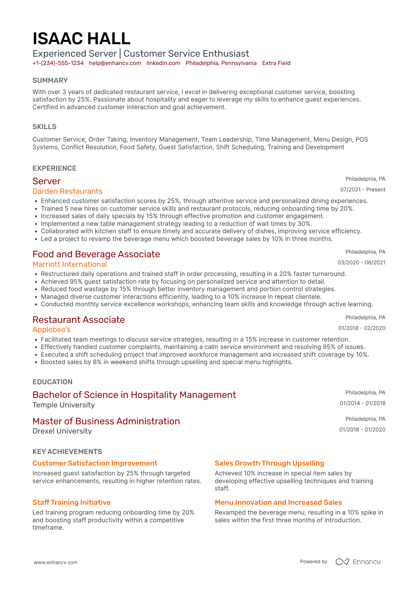 A resume example of a Room Service Waiter