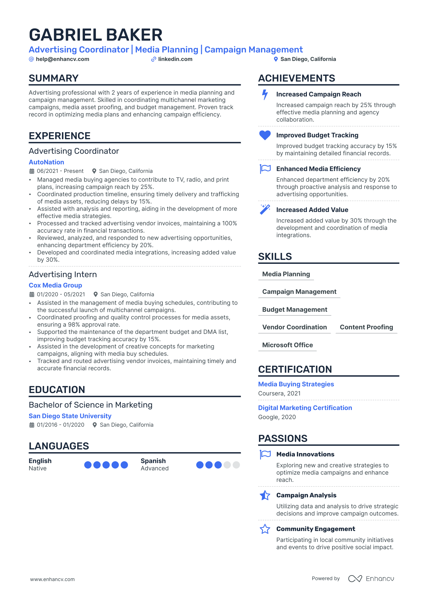 A resume example of a Advertising Coordinator