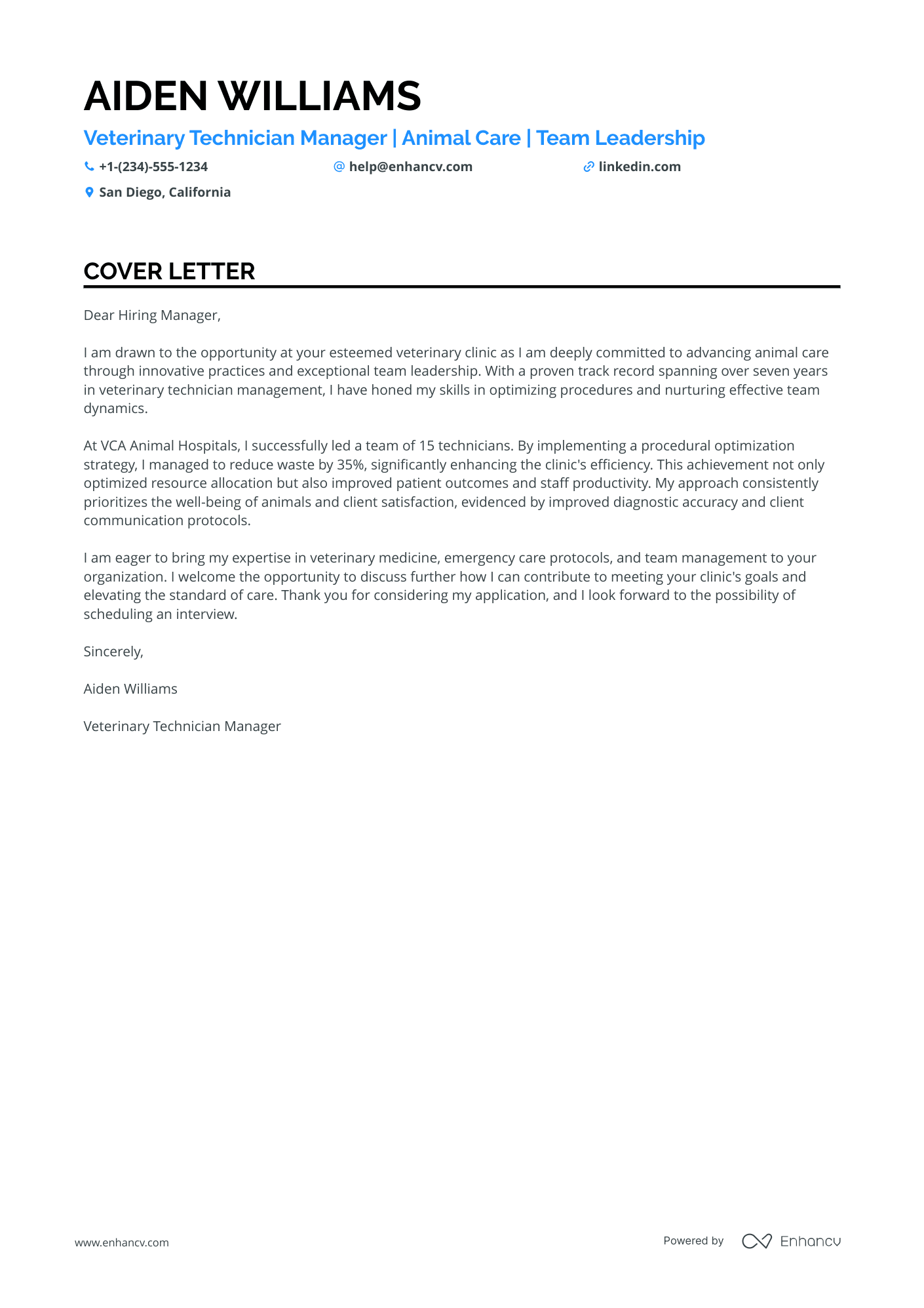 A resume example of a Veterinary Technician Manager