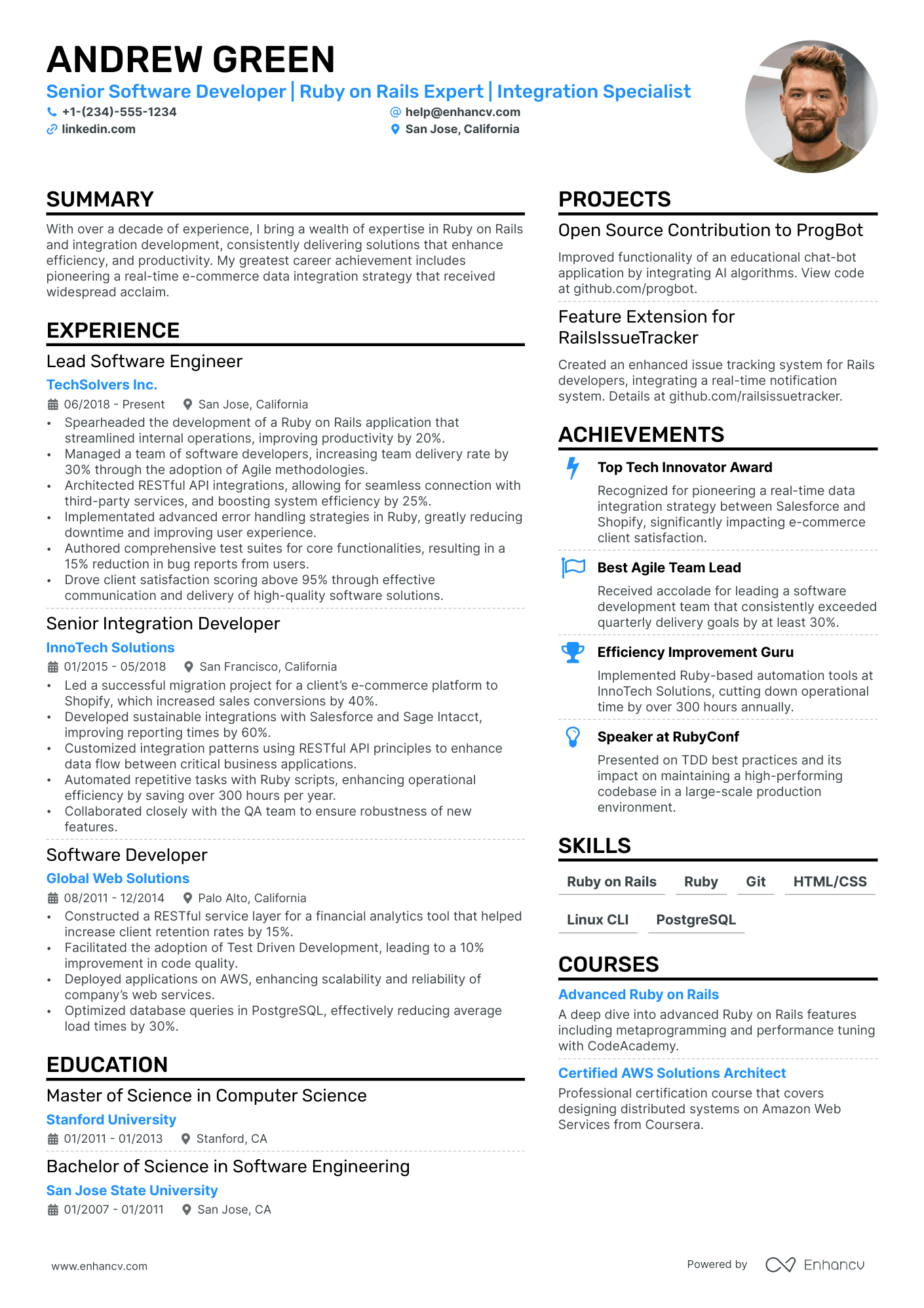 A resume example of a Ruby On Rails Developer