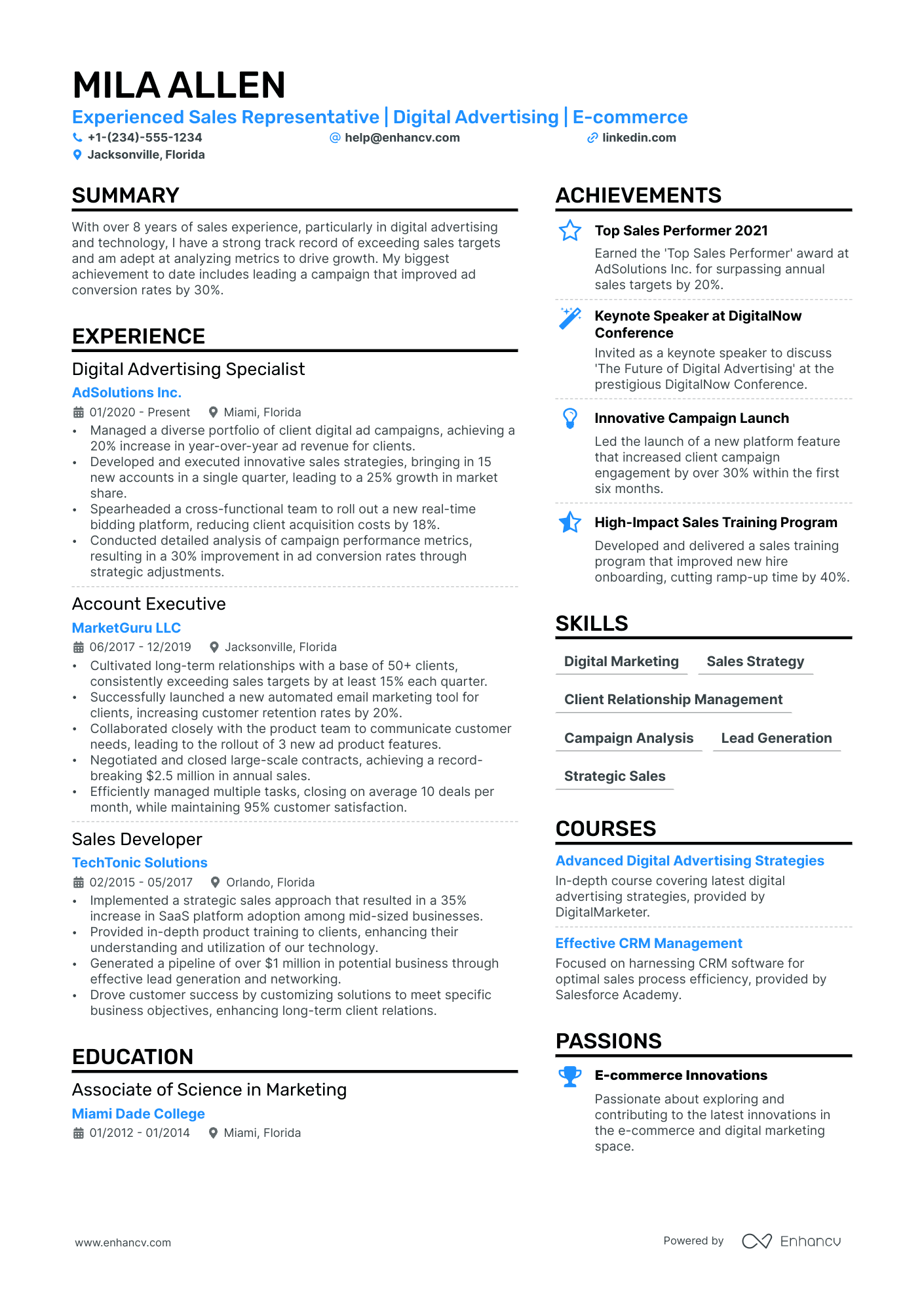 A resume example of a Advertising Sales Representative