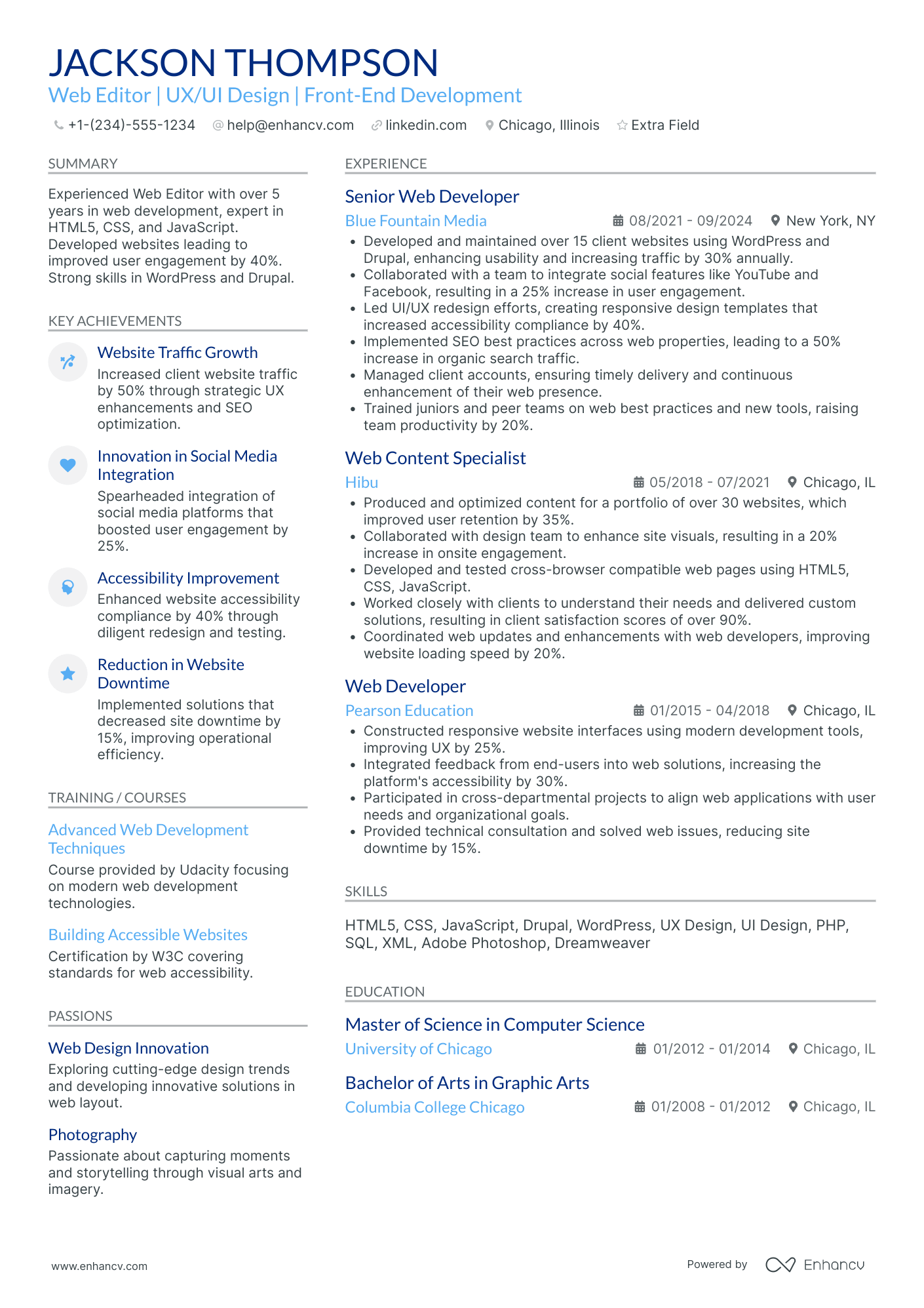 A resume example of a Web Editor