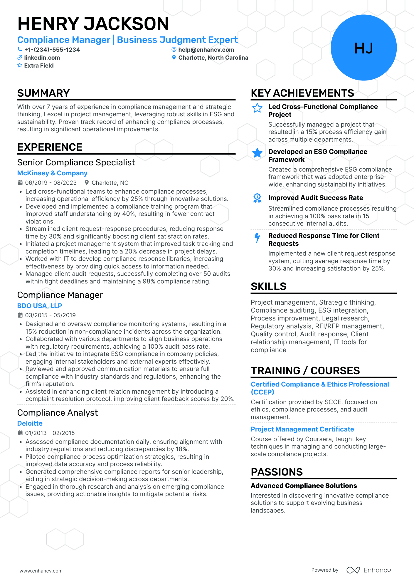 A resume example of a Compliance Policy Manager