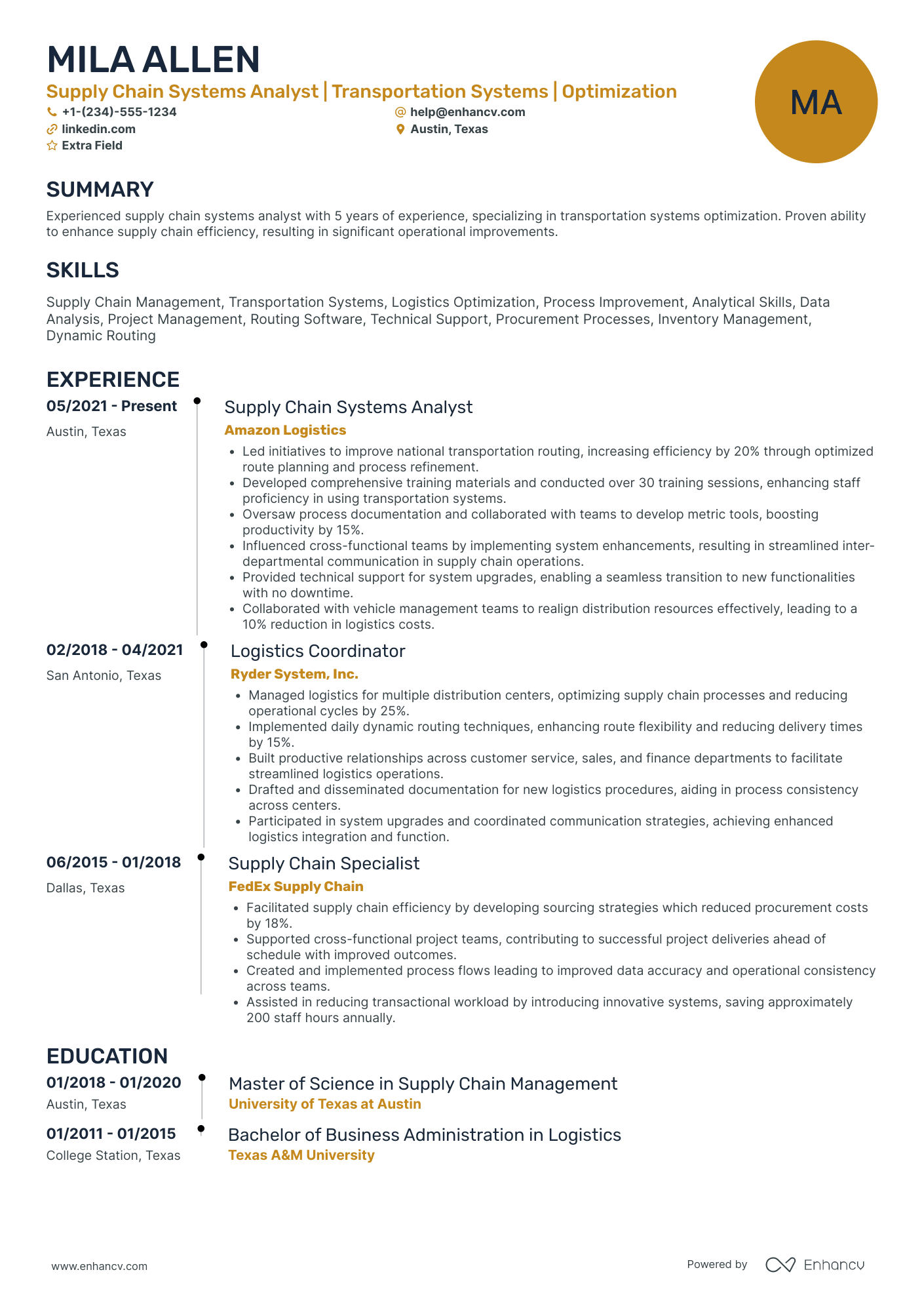 A resume example of a Supply Chain Systems Analyst