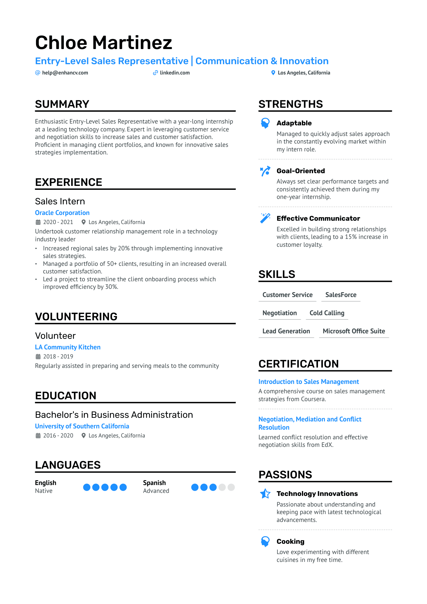 A resume example of a Entry Level Sales Representative