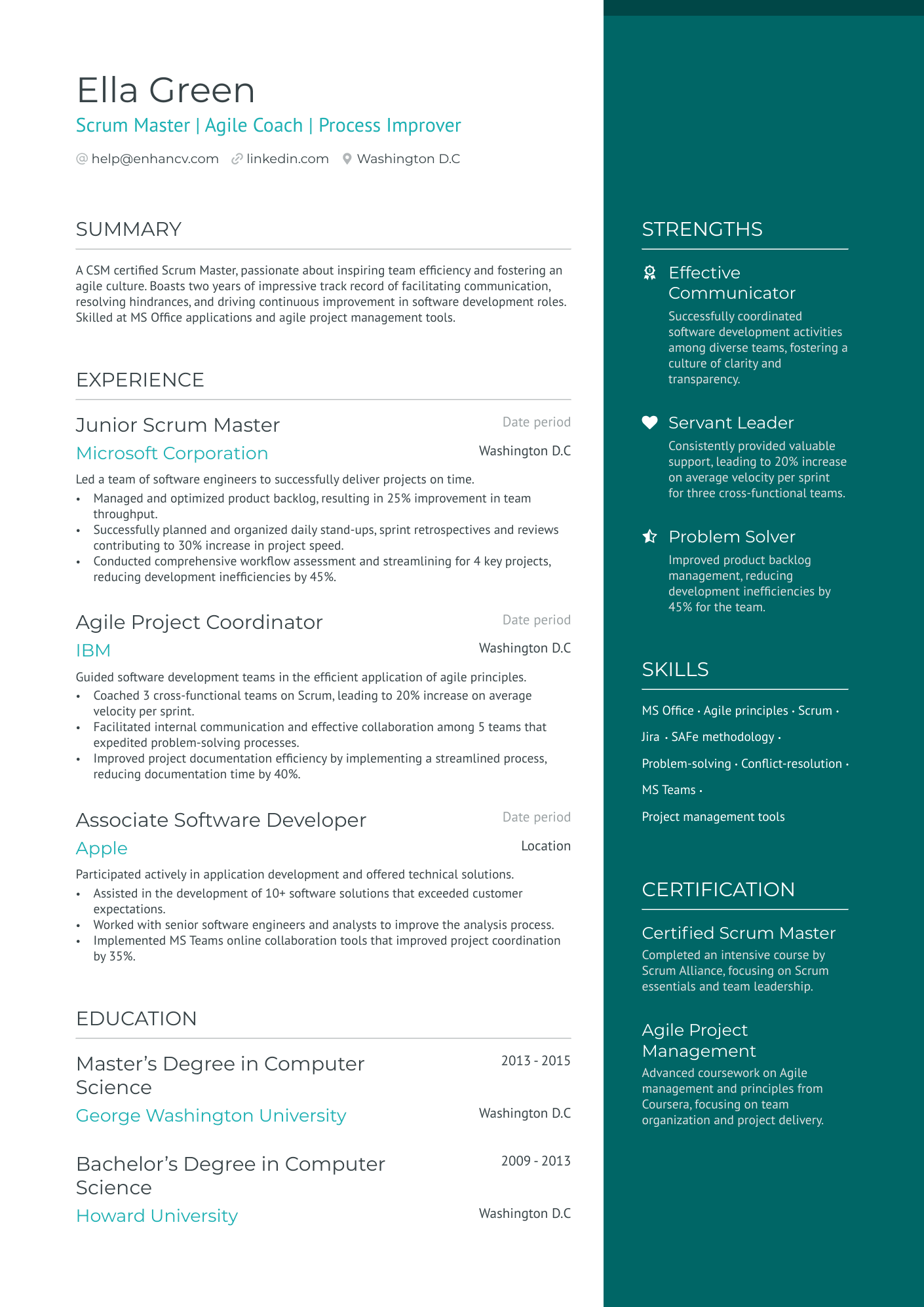 A resume example of a Junior Scrum Master