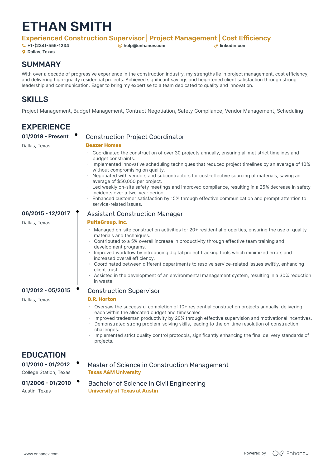 A resume example of a Timeline