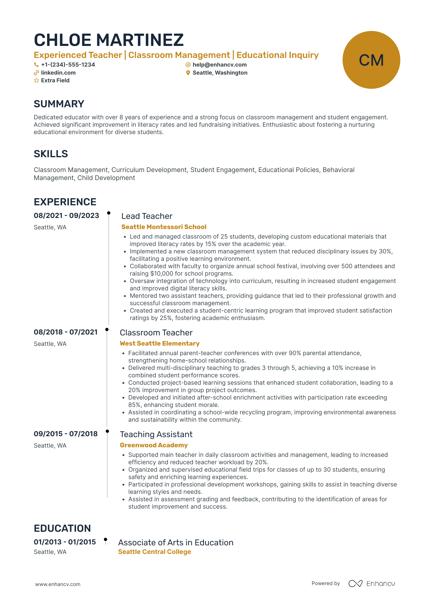 A resume example of a Preschool Day Care Teacher