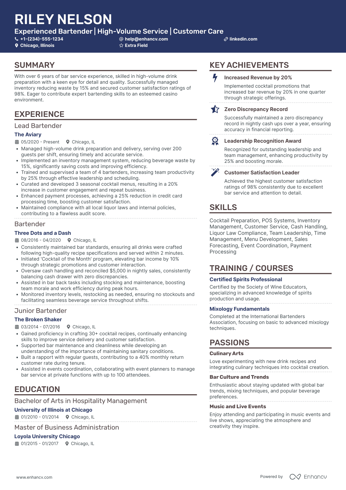 A resume example of a Casino Bartender