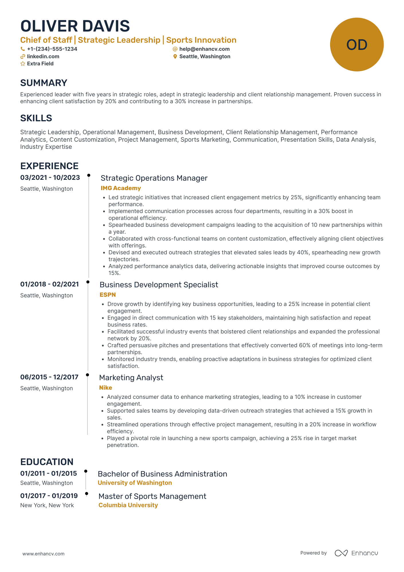 A resume example of a Chief of Staff to the Chairman