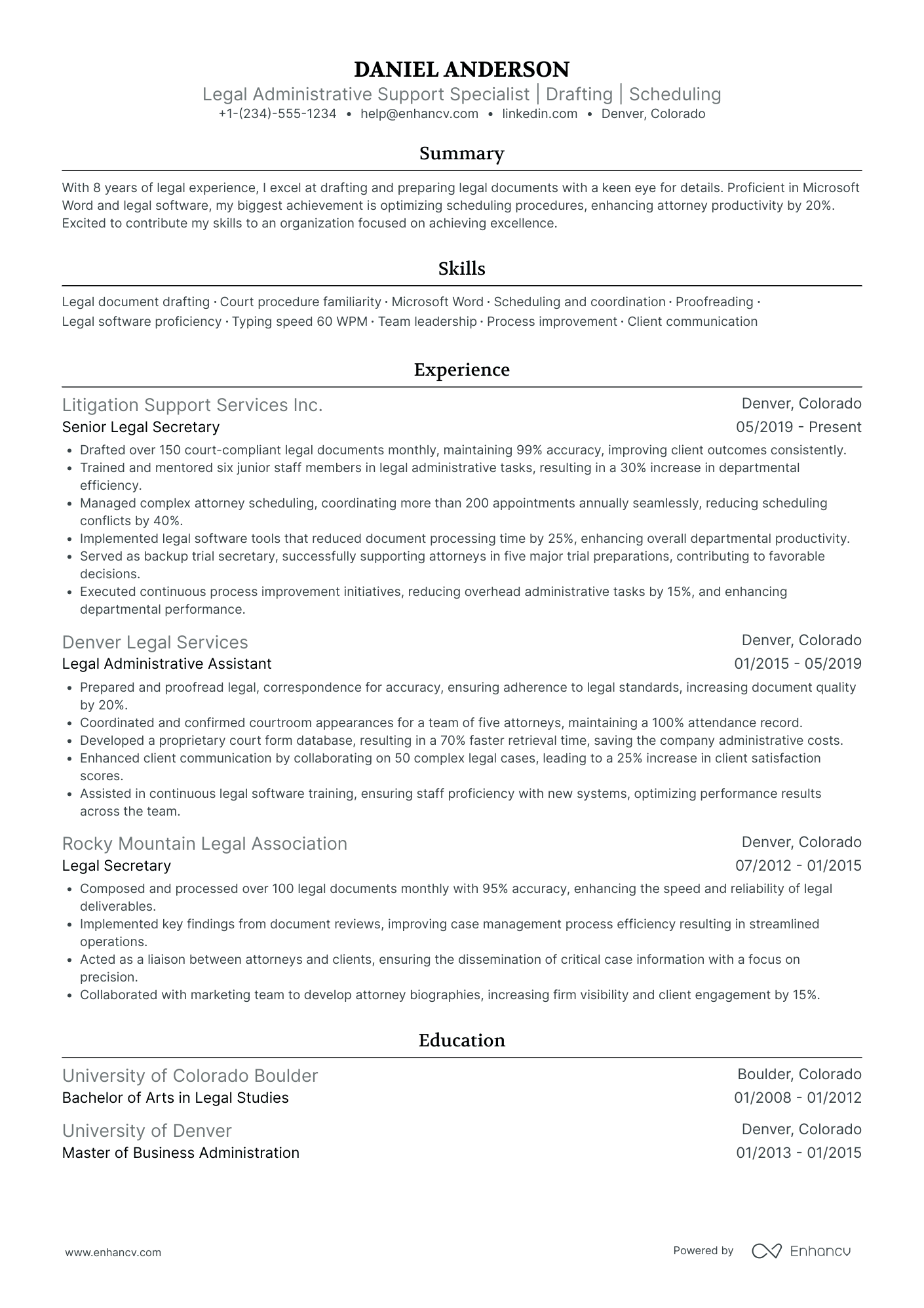 A resume example of a Litigation Legal Assistant