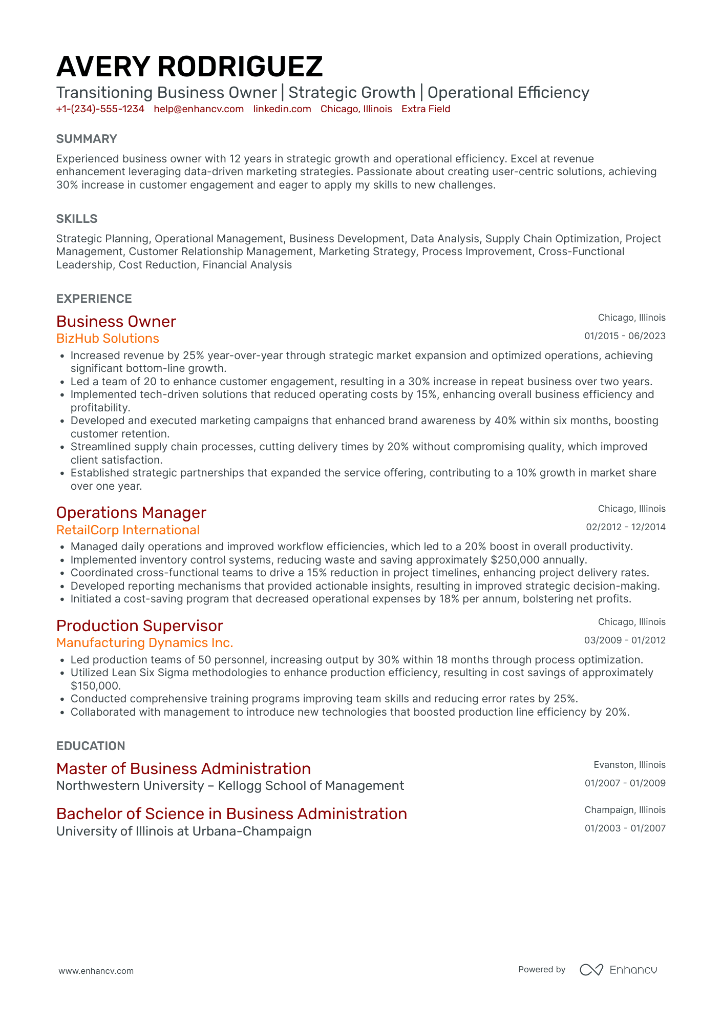 A resume example of a Transitioning Business Owner