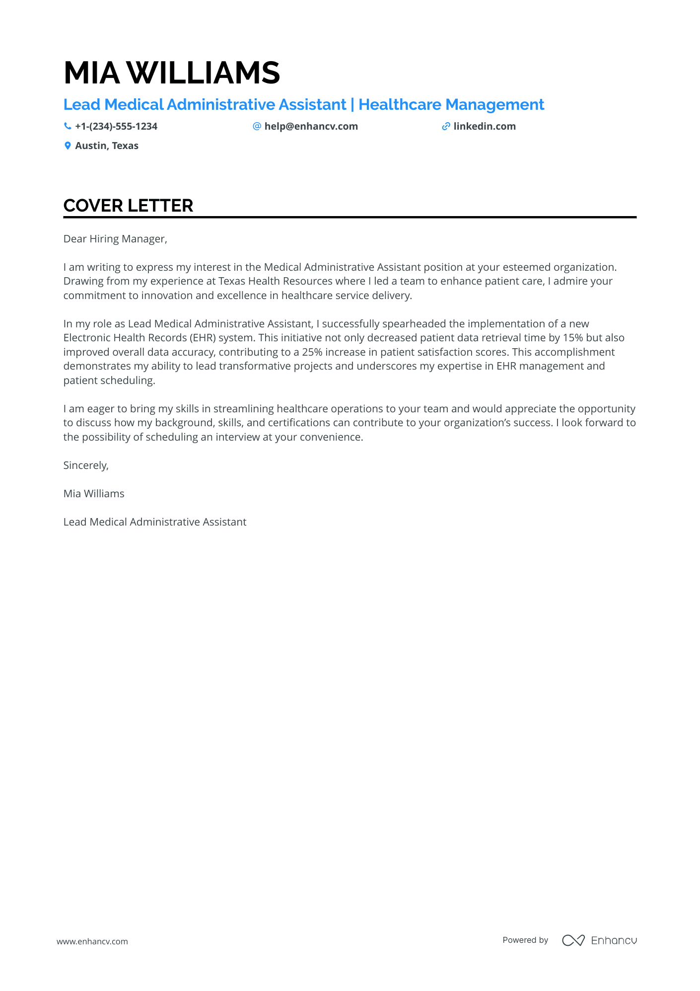 A resume example of a Lead Medical Administrative Assistant