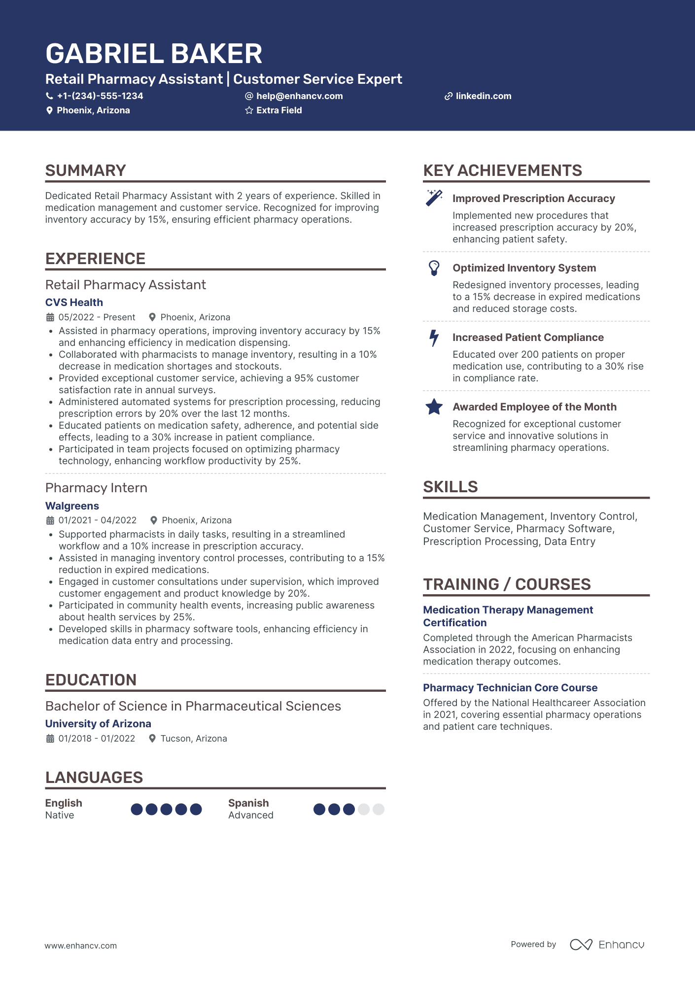 A resume example of a Retail Pharmacy Assistant