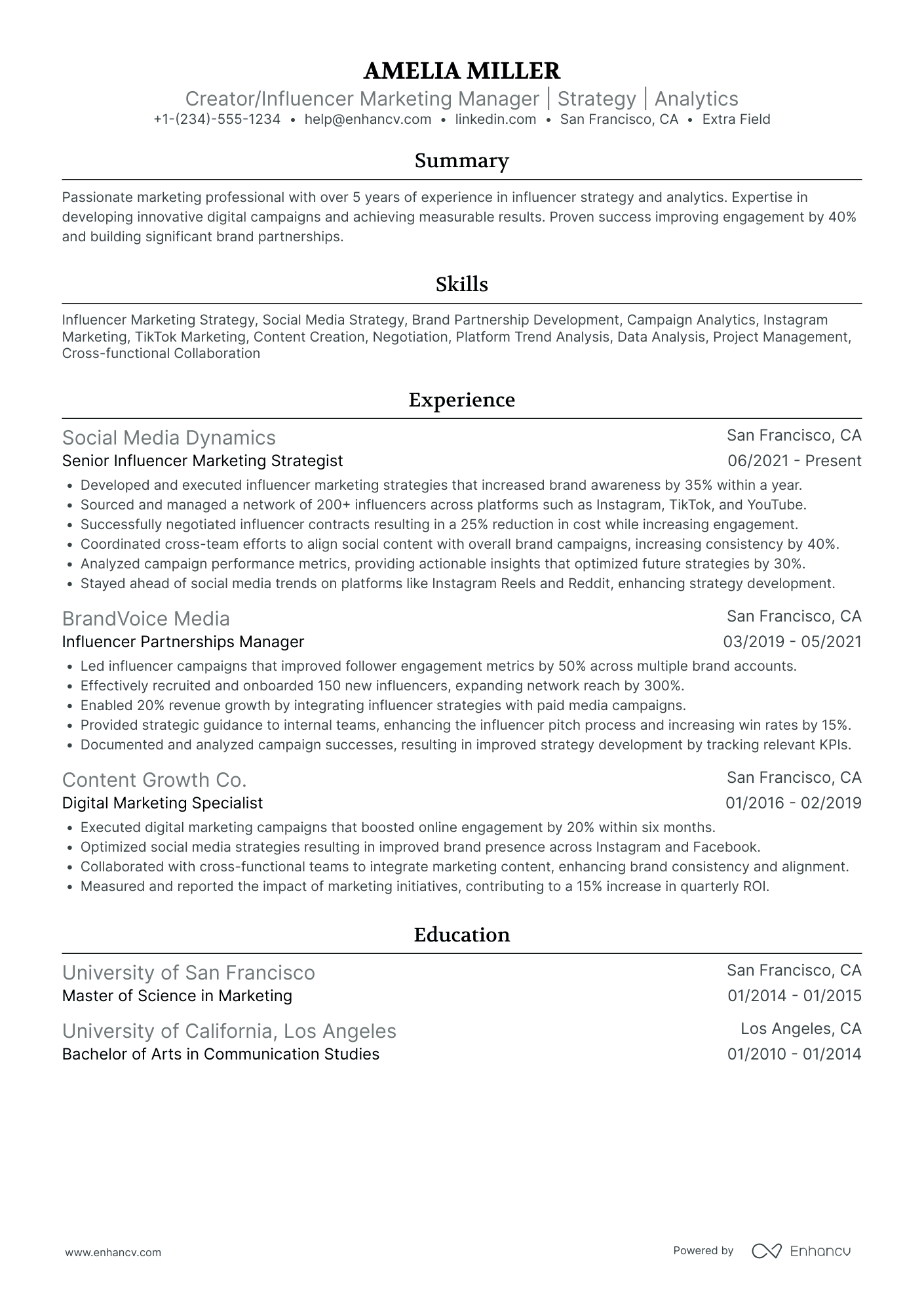 A resume example of a Social Media Marketing Content Creator