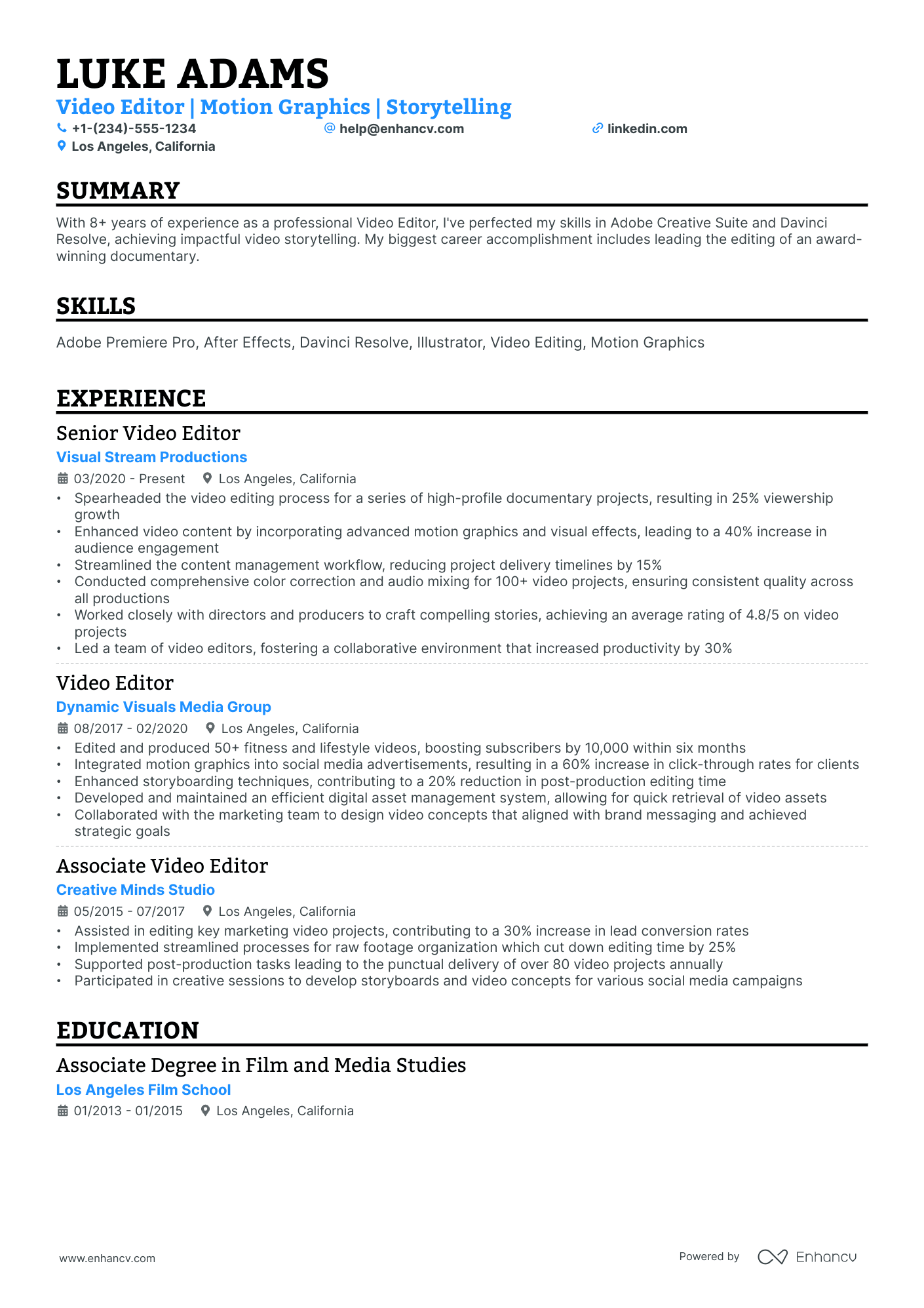 A resume example of a Single Column