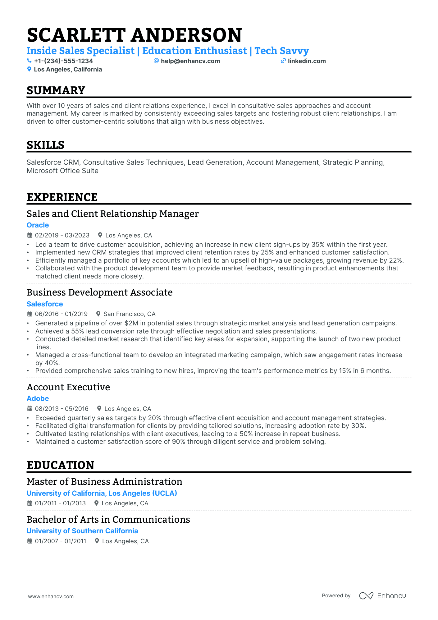 A resume example of a Single Column