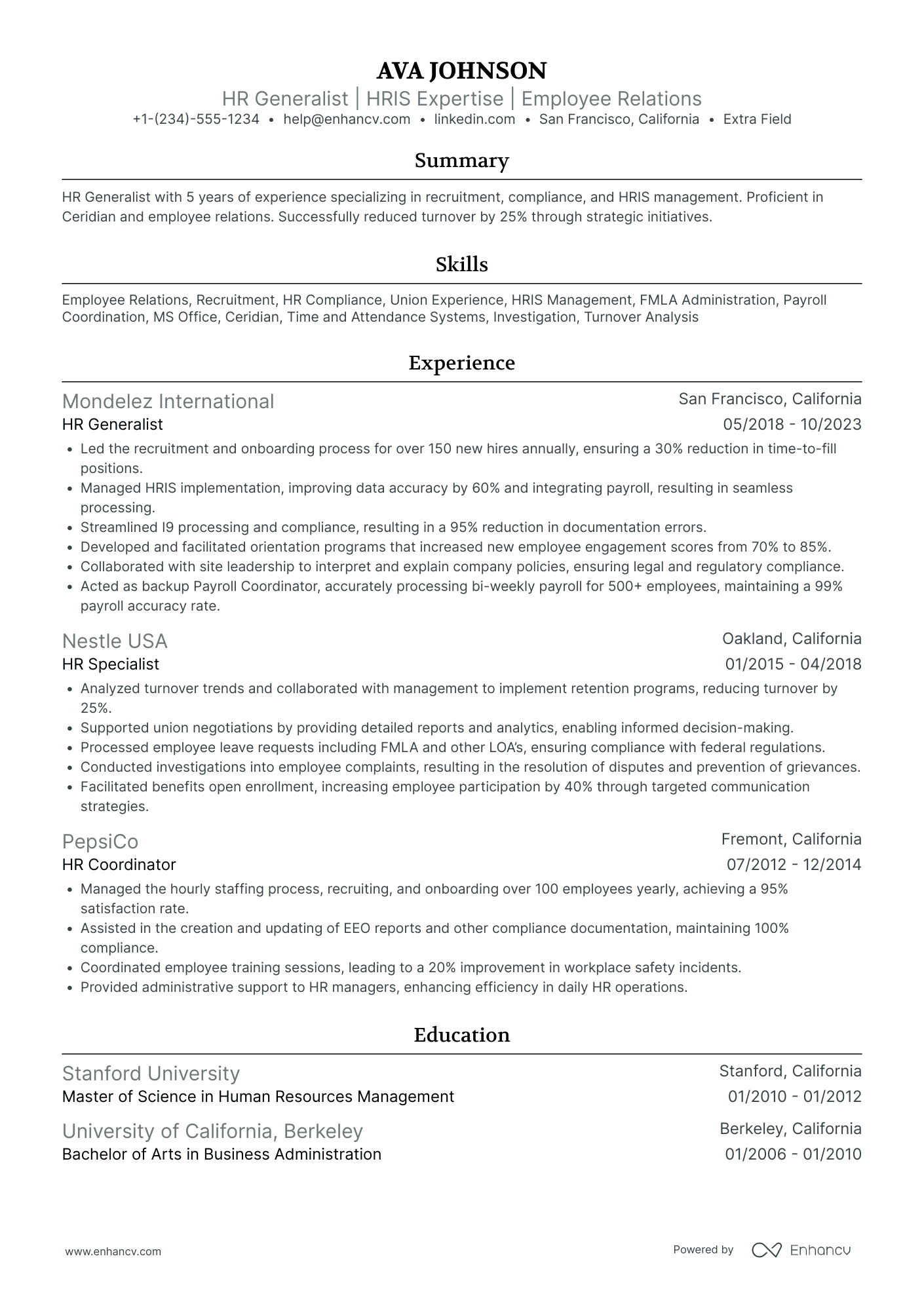 A resume example of a HR Generalist Supervisor