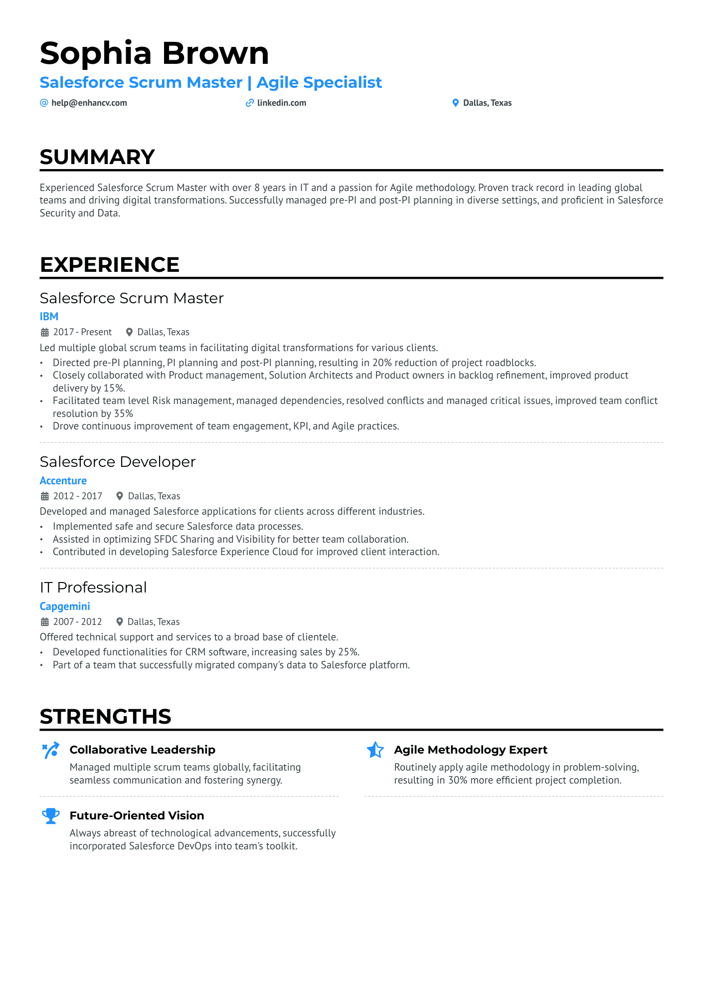 A resume example of a Salesforce Scrum Master