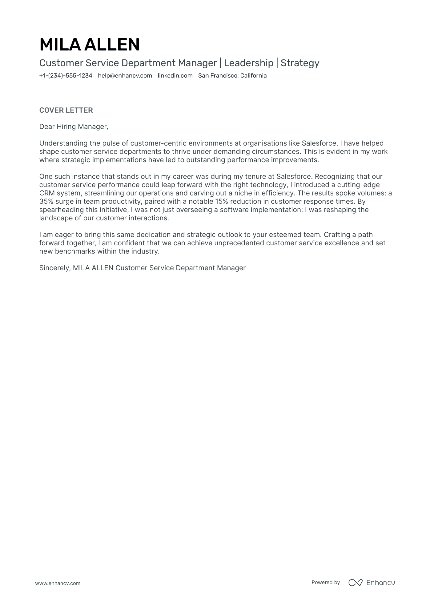 A resume example of a Department Manager