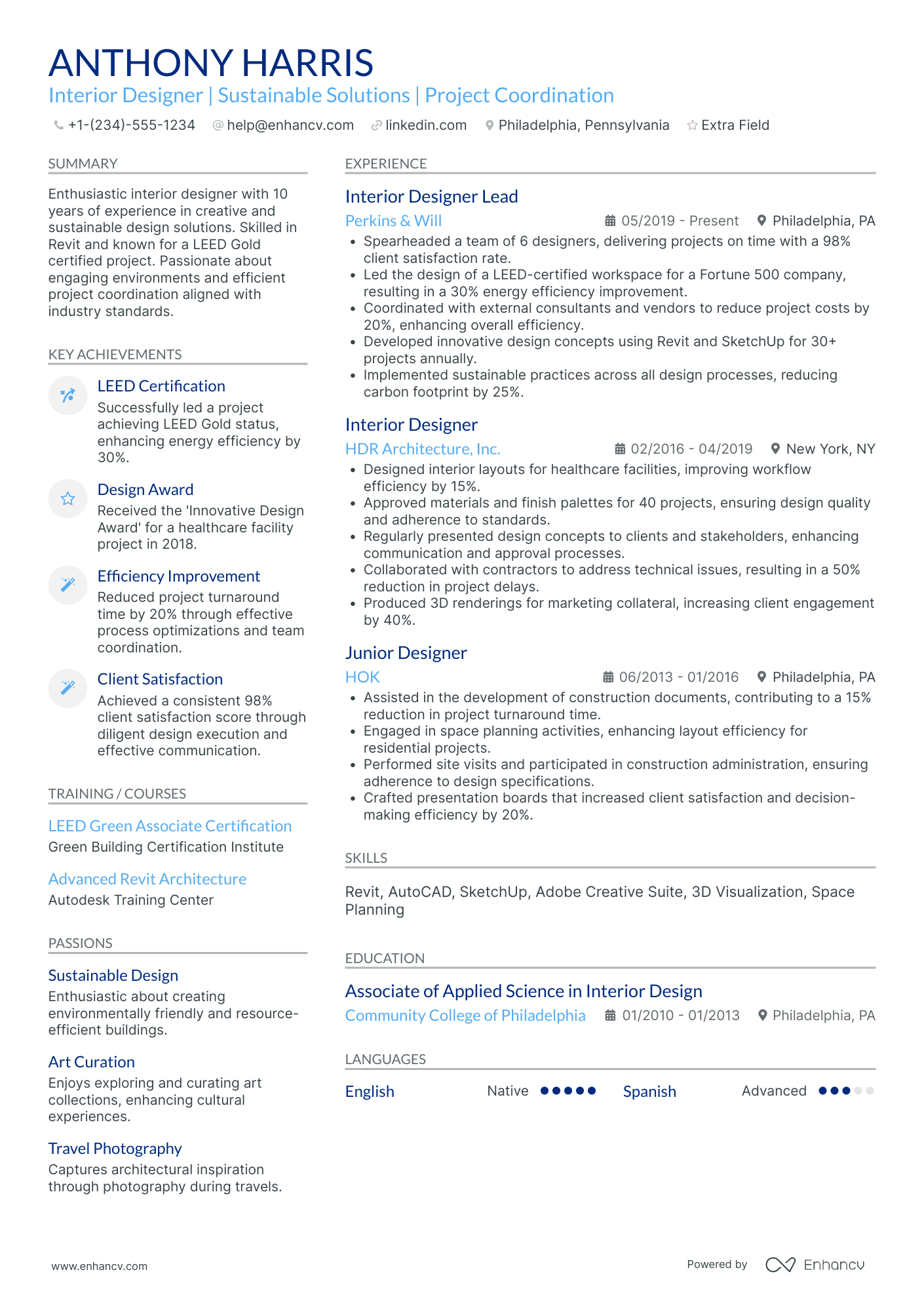 A resume example of a Mid Level Interior Designer