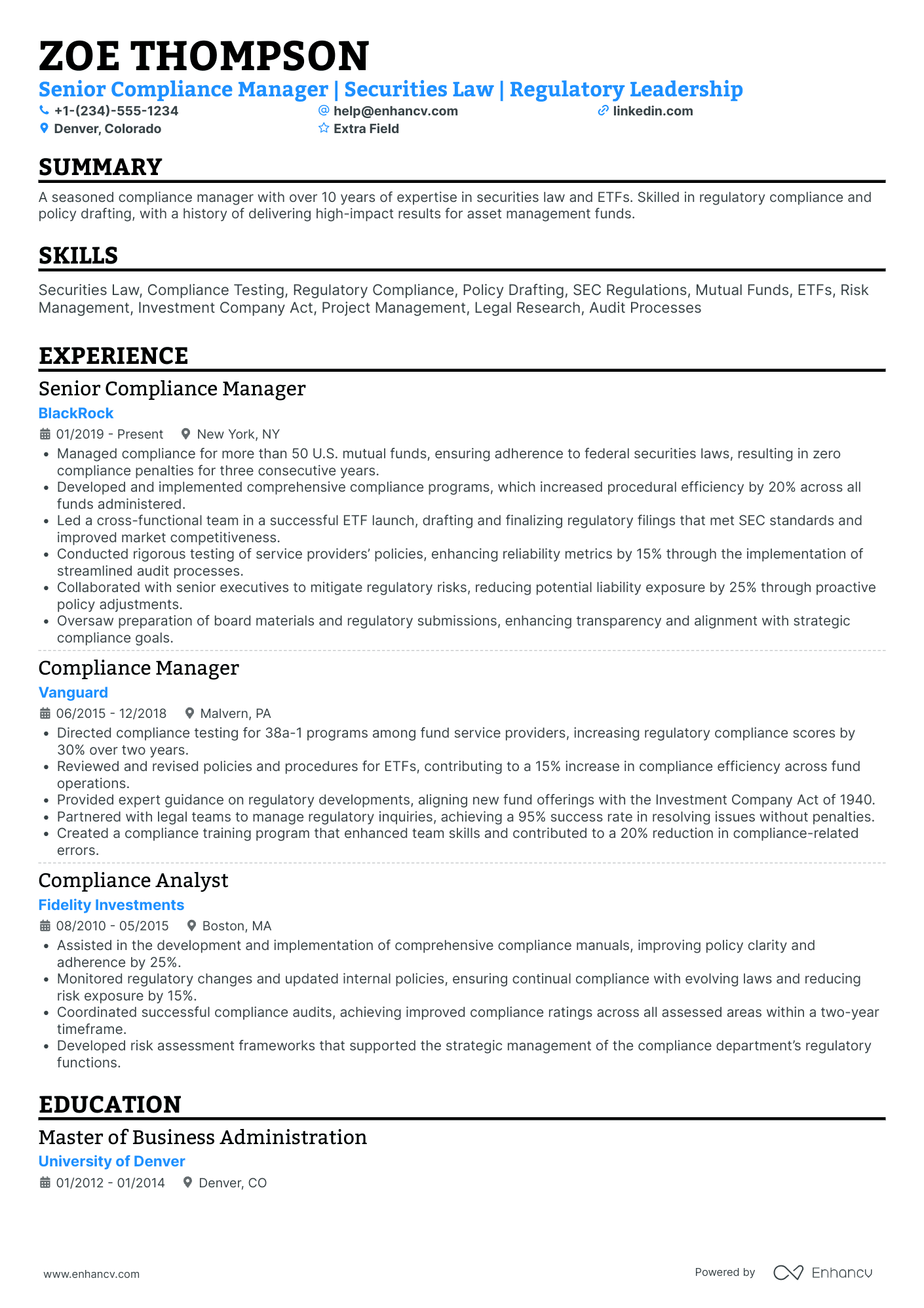 A resume example of a Senior Compliance Manager