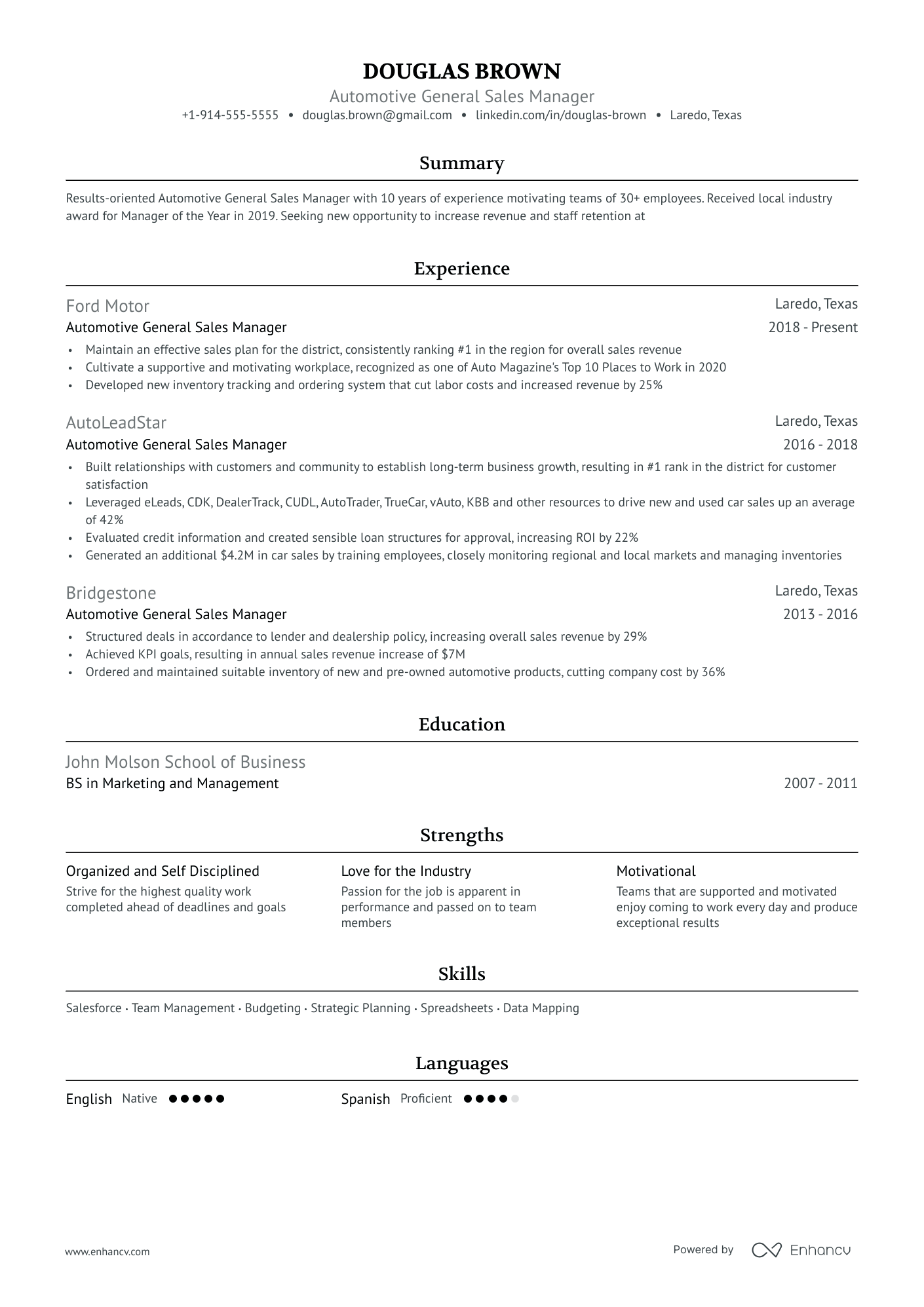A resume example of a Automotive General Sales Manager