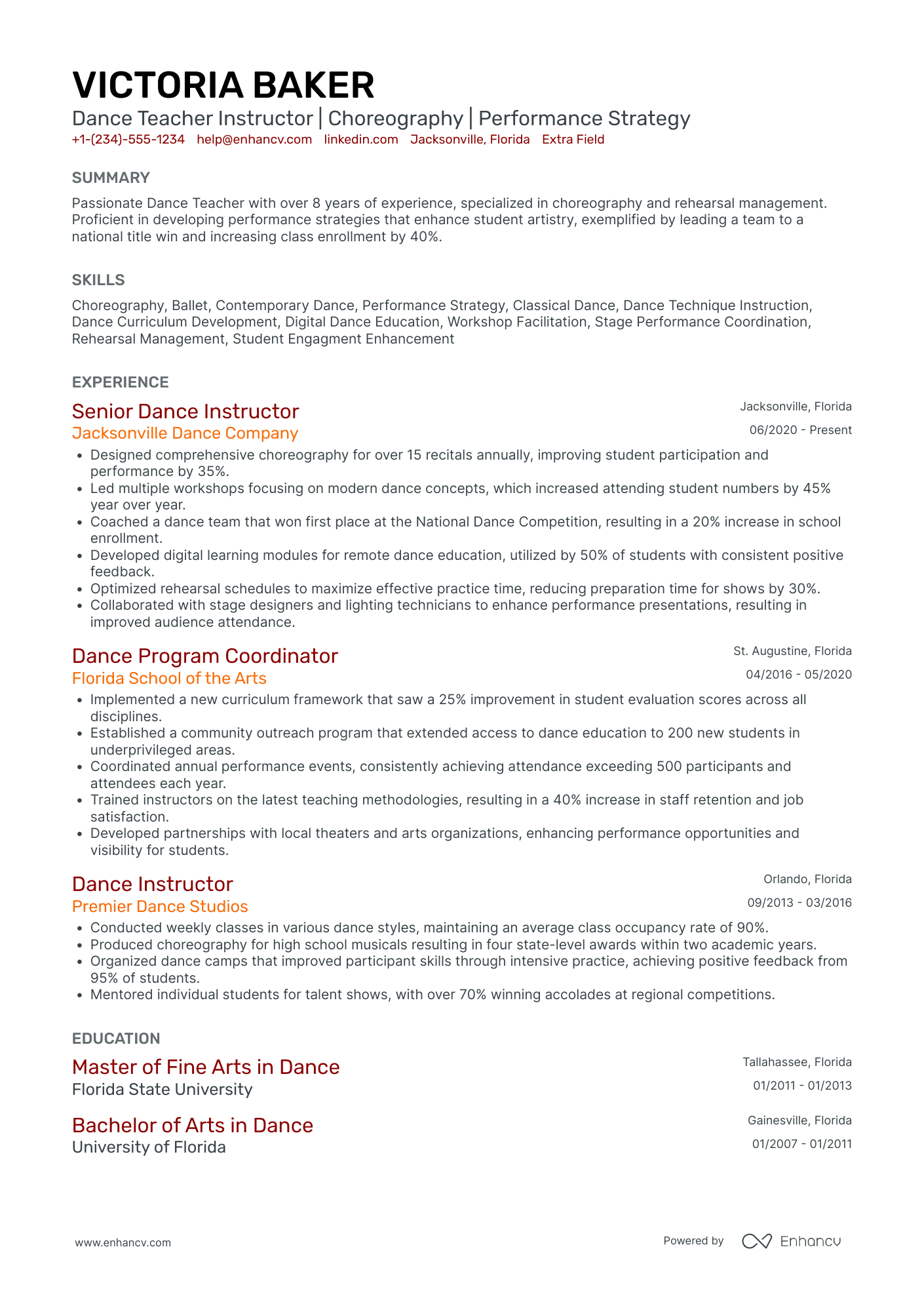A resume example of a Dance Teacher Instructor