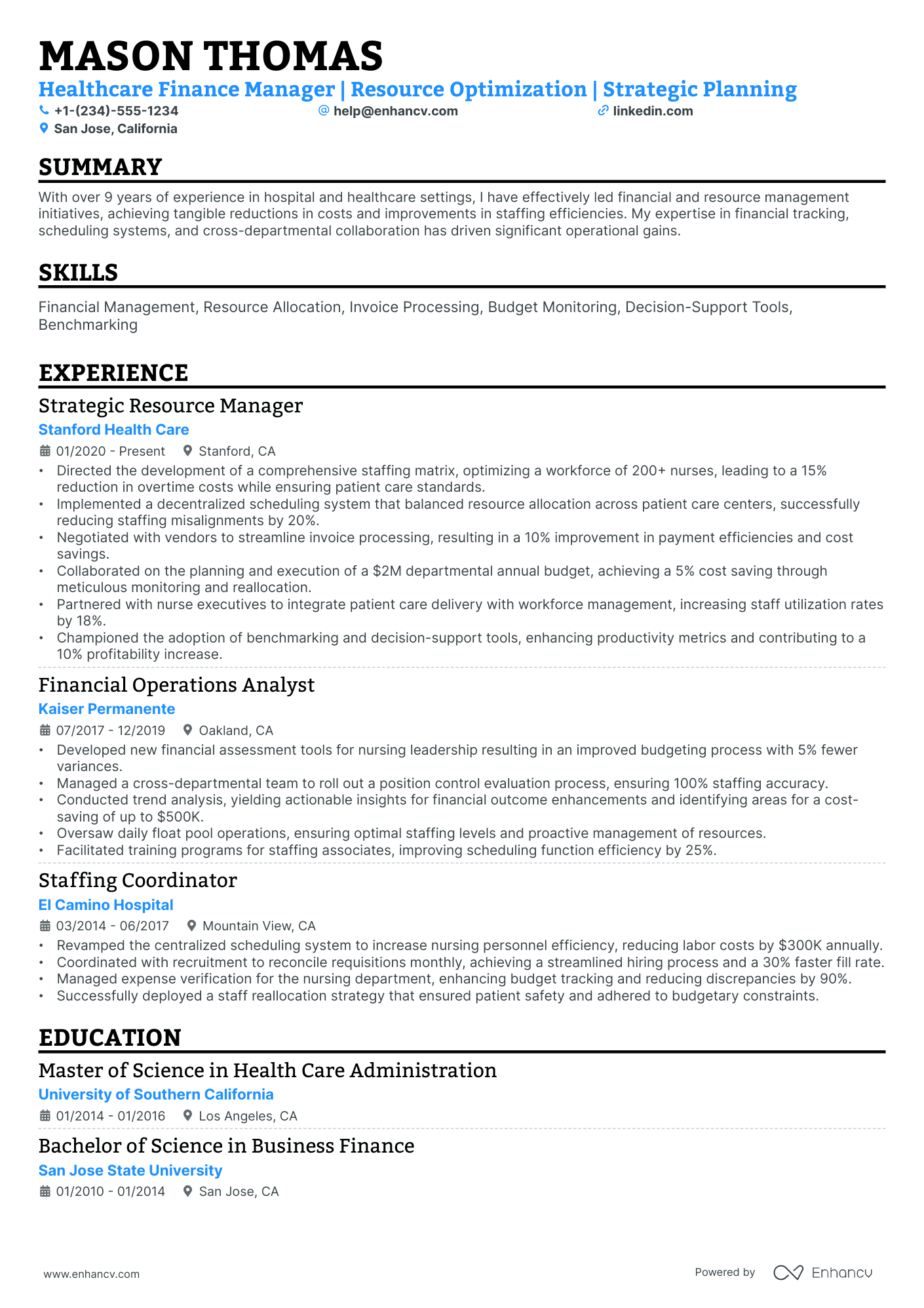 A resume example of a Single Column