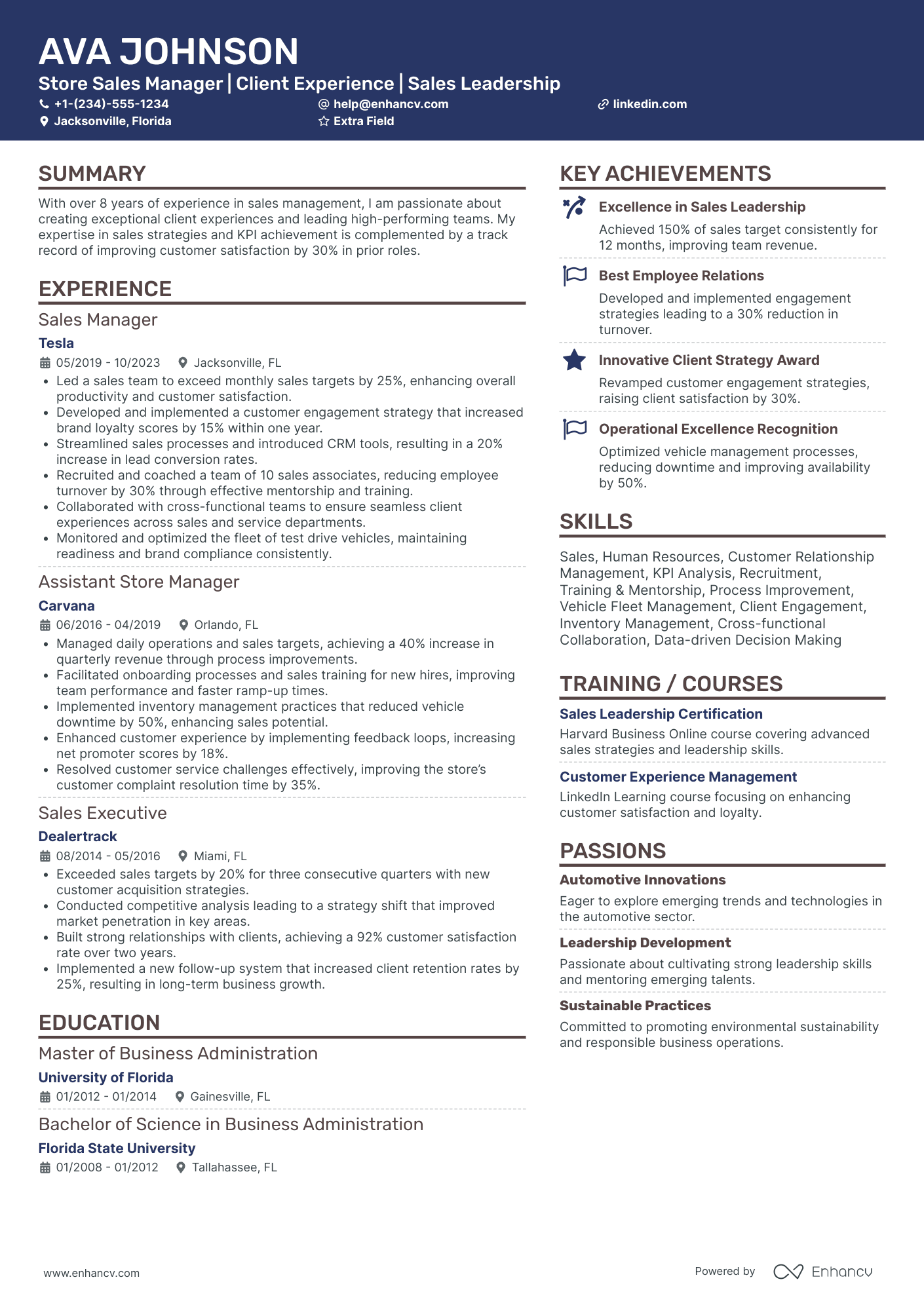 A resume example of a Store Sales Manager
