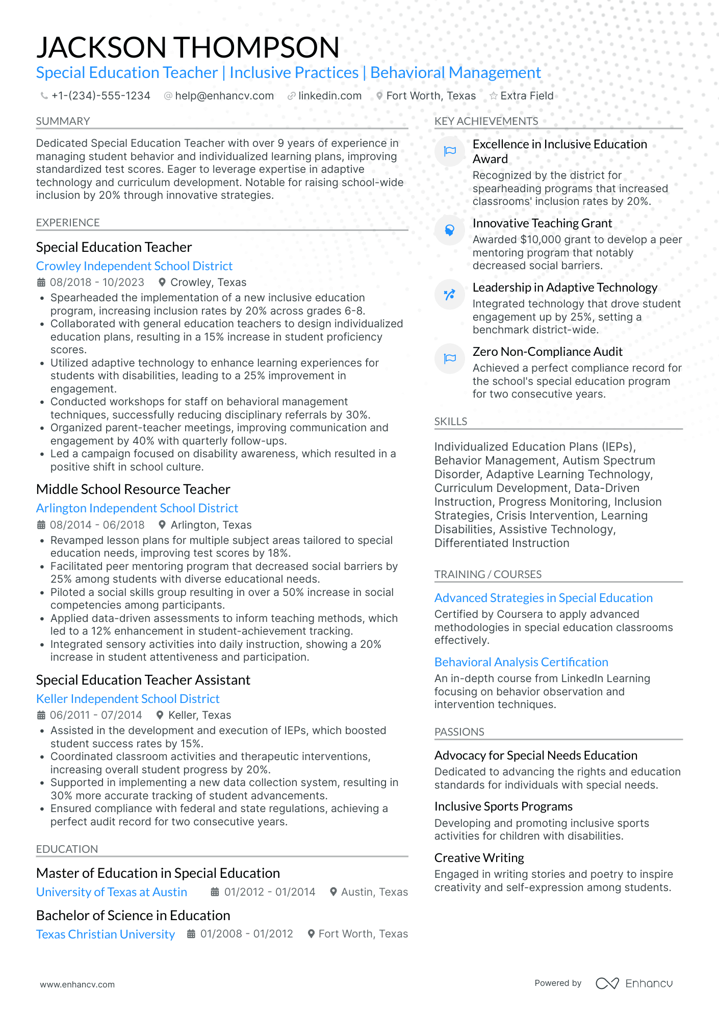 A resume example of a Special Education Teacher for Middle School