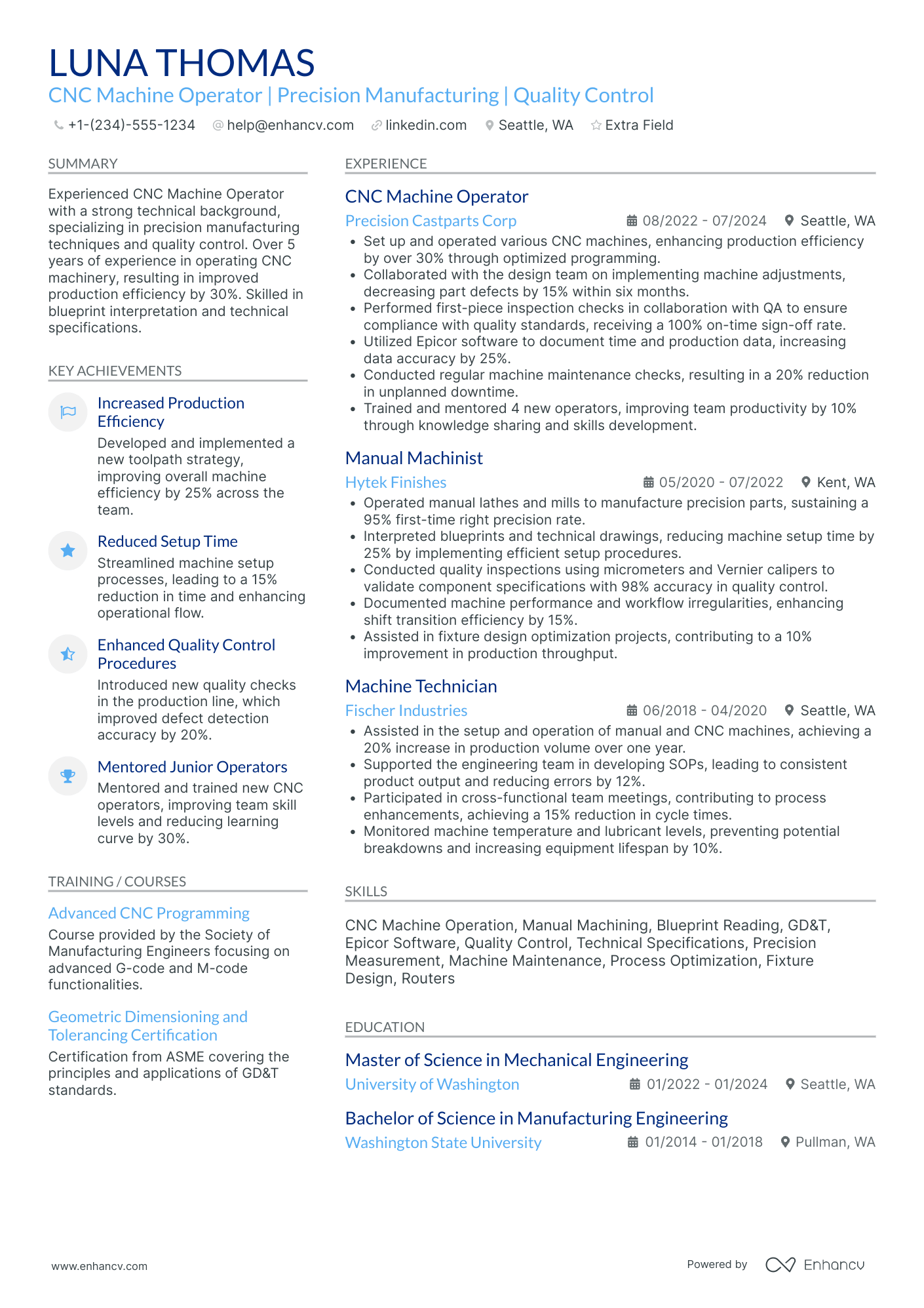 A resume example of a Precision Machinist