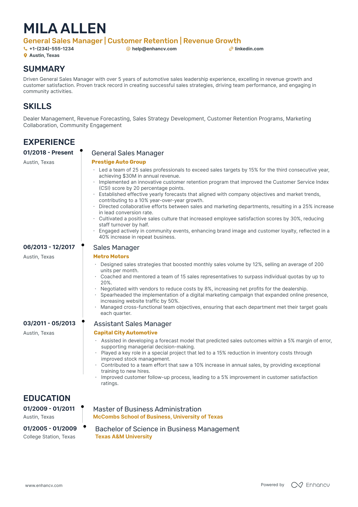 A resume example of a Timeline