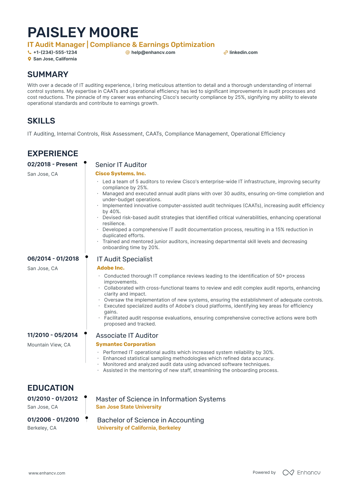 A resume example of a Timeline