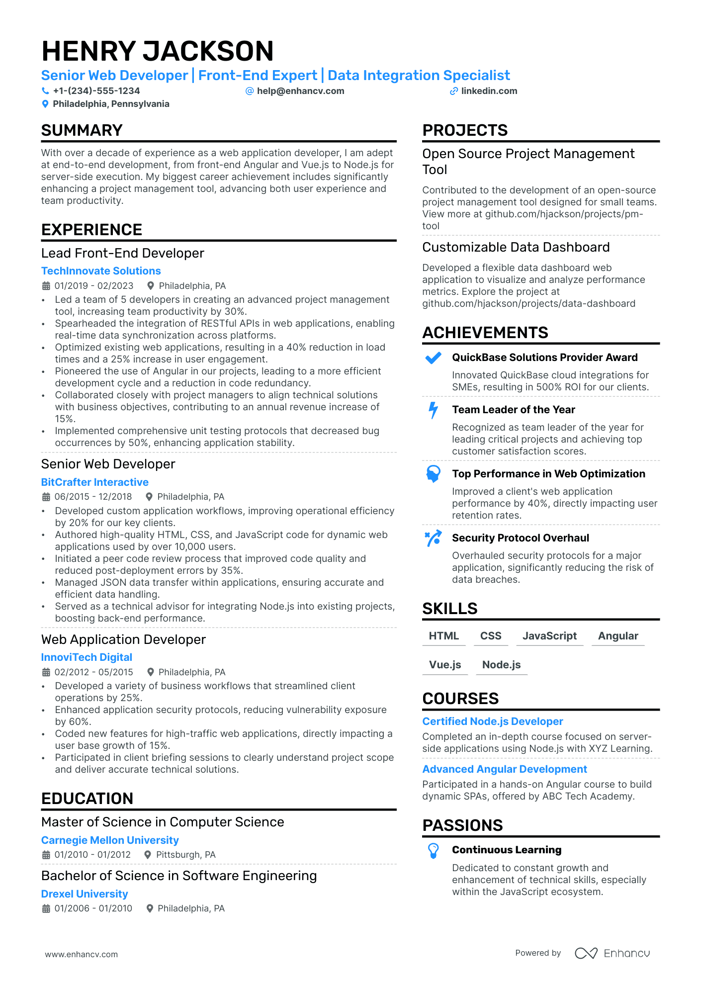 A resume example of a Web Application Developer