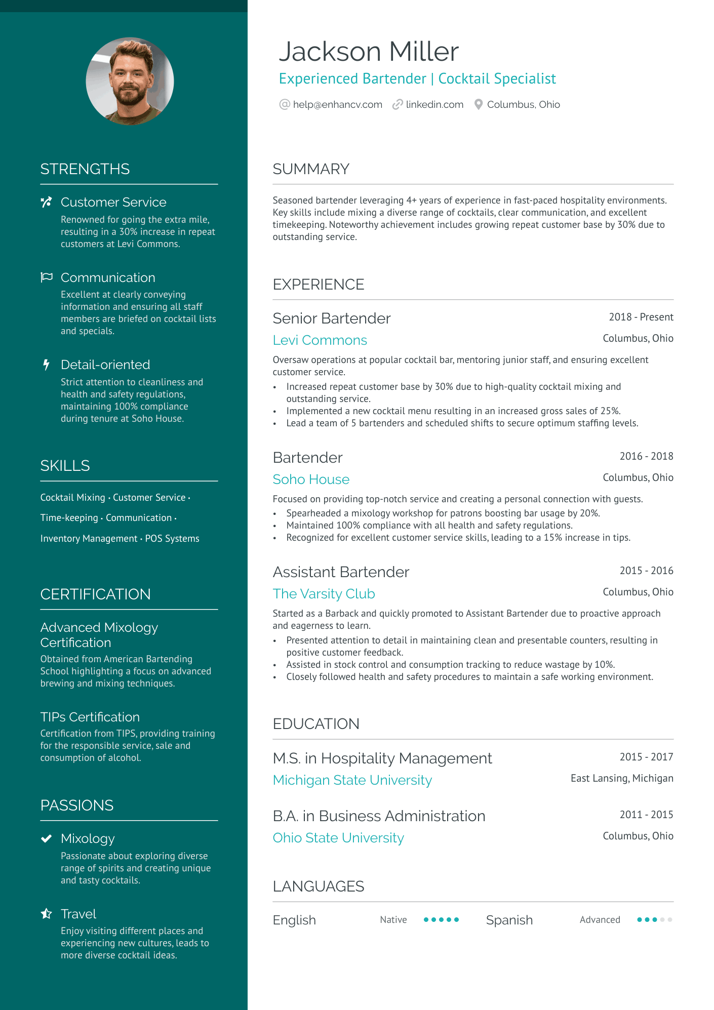 A resume example of a Theatre Concessions Lead Bartender