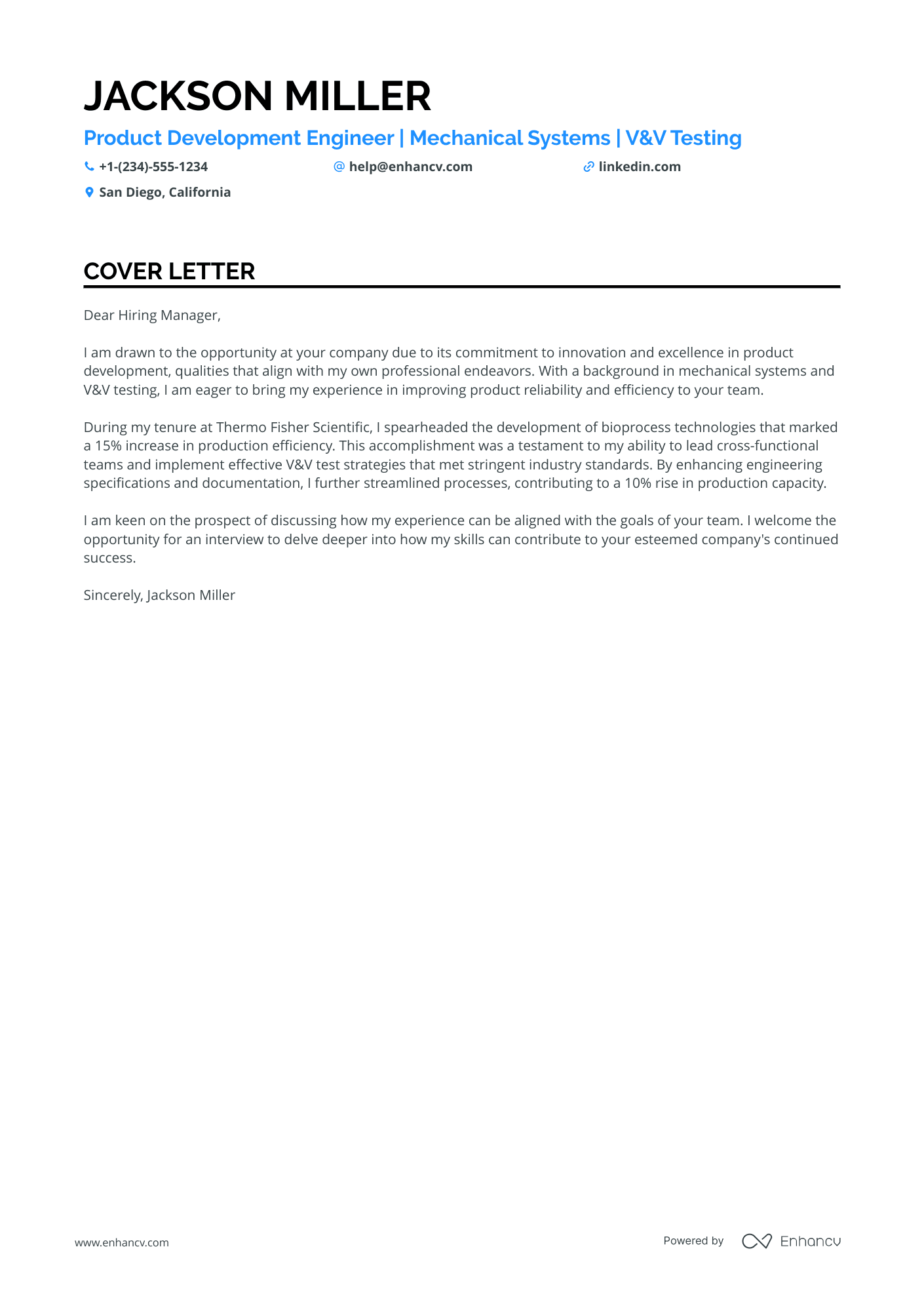 A resume example of a Product Development Engineer