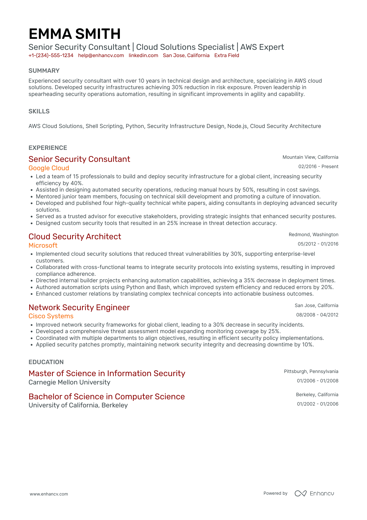 A resume example of a Senior Amazon Web Services Consultant