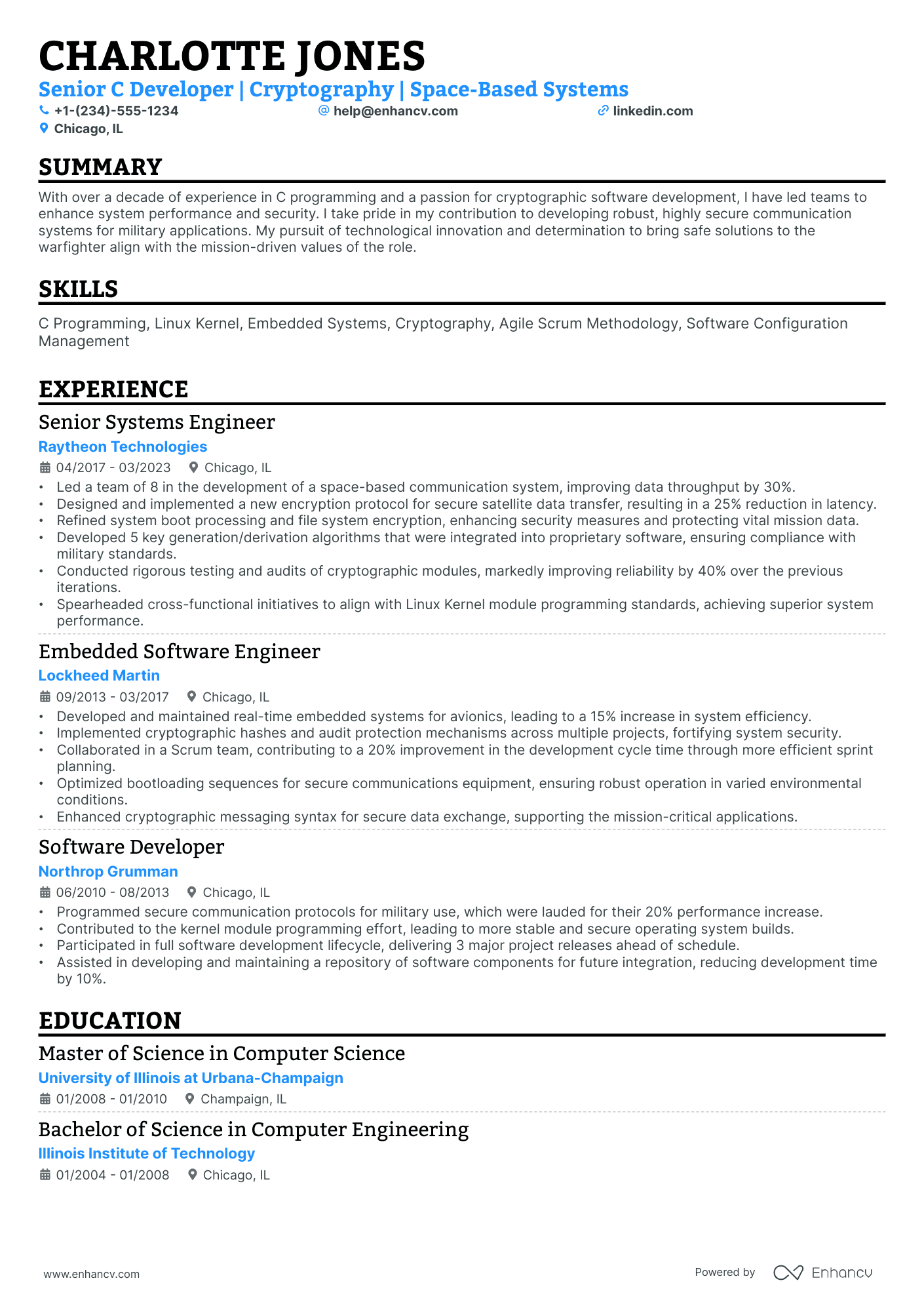 A resume example of a Single Column