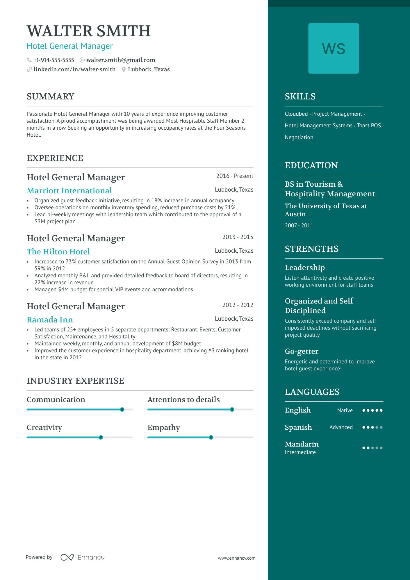 A resume example of a Hotel General Manager
