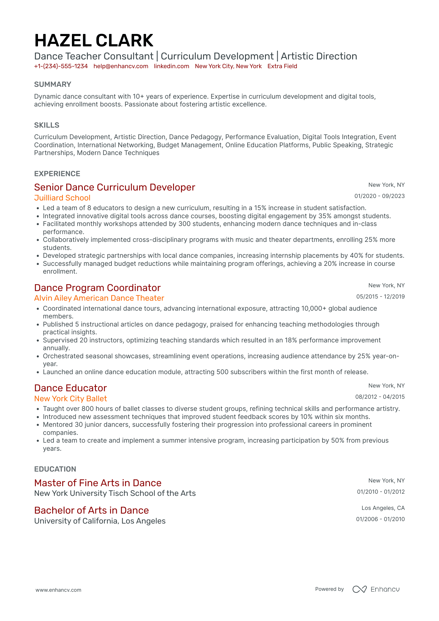 A resume example of a Dance Teacher Consultant