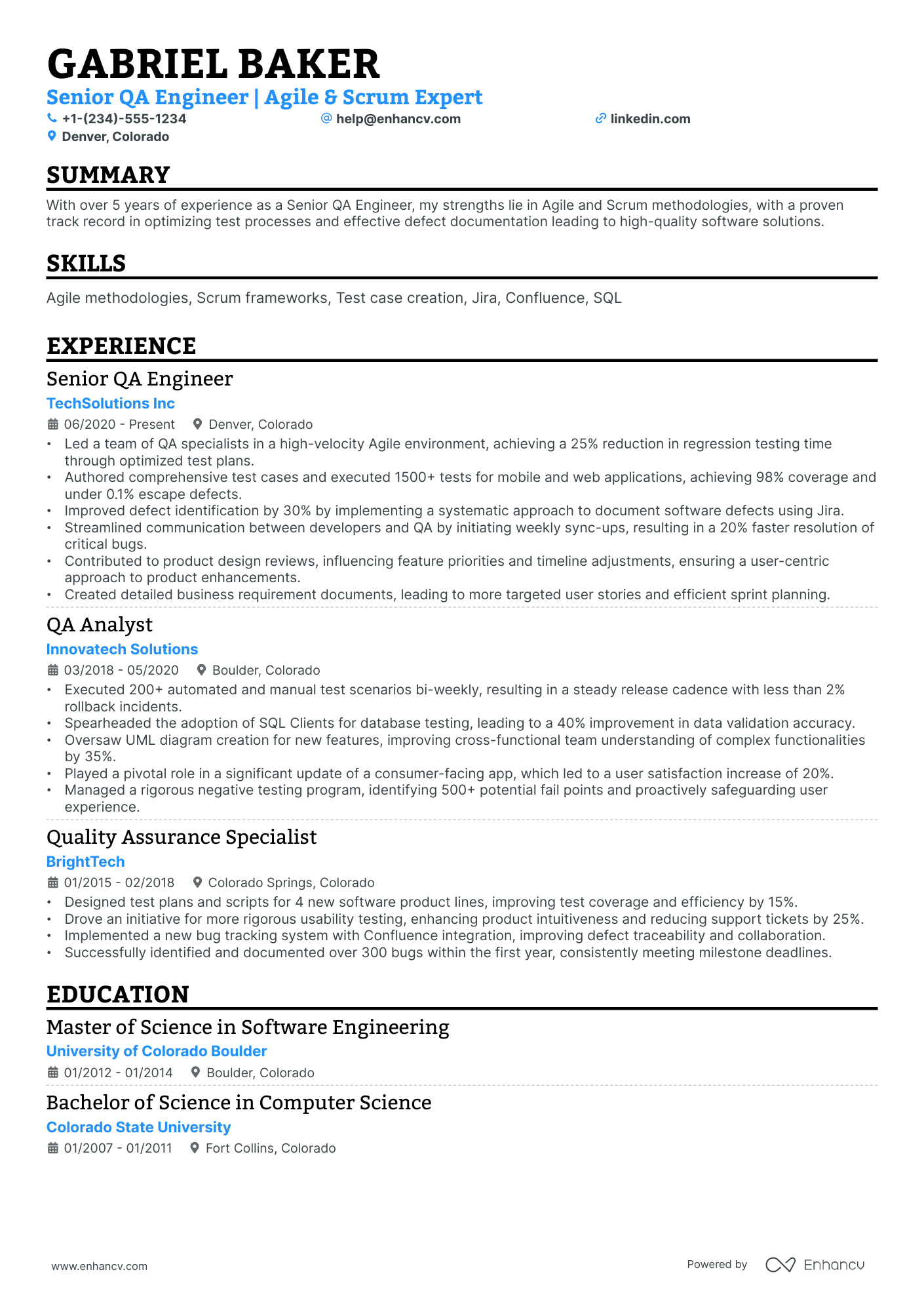 A resume example of a Single Column