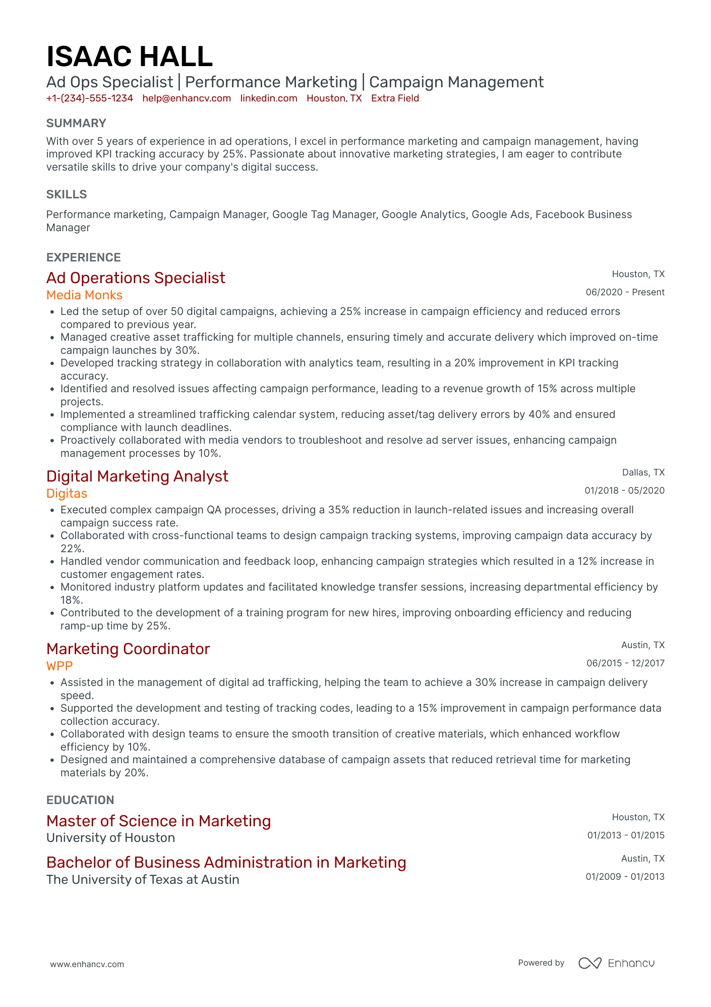 A resume example of a Facebook Ads Manager