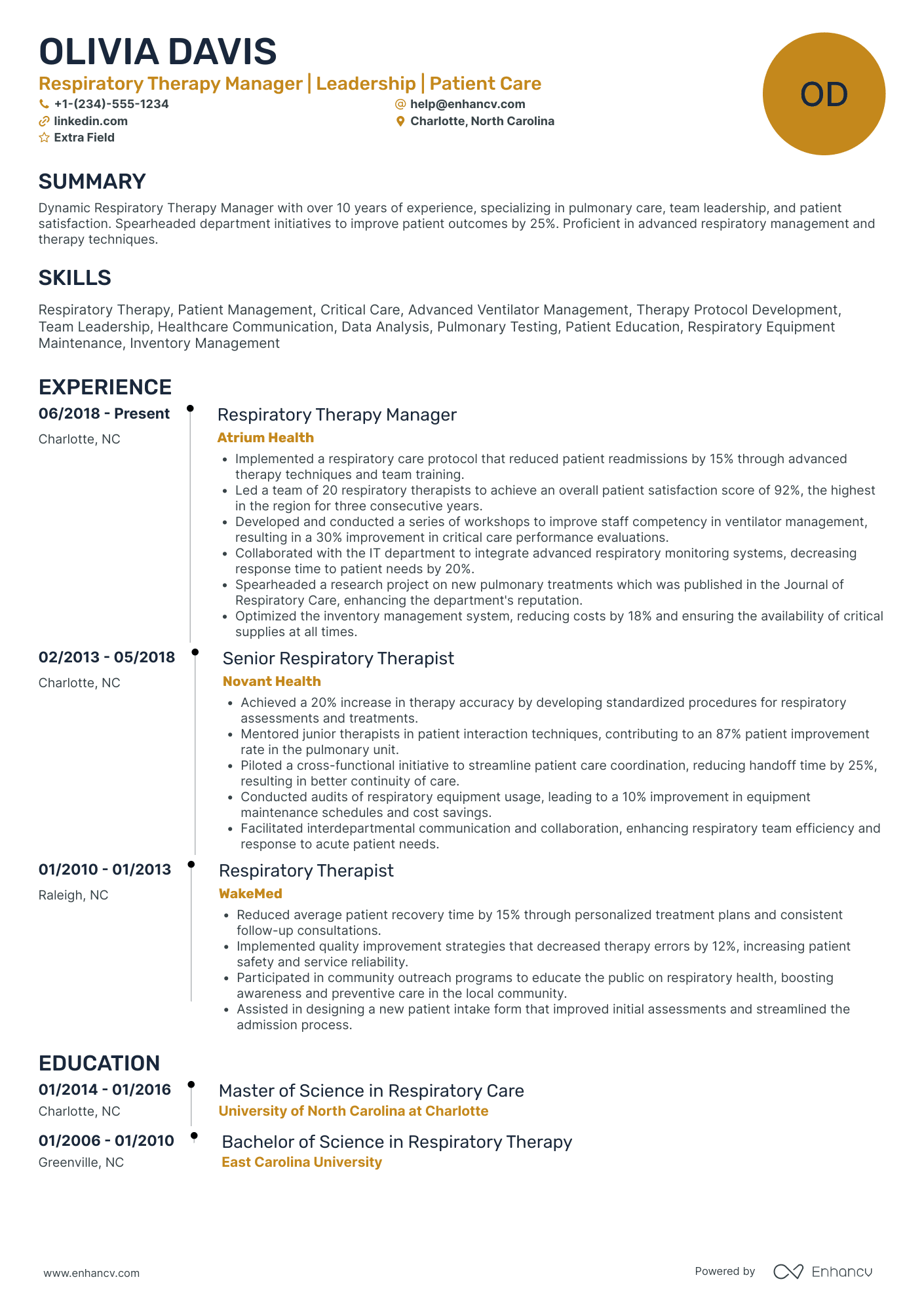 A resume example of a Respiratory Therapy Manager
