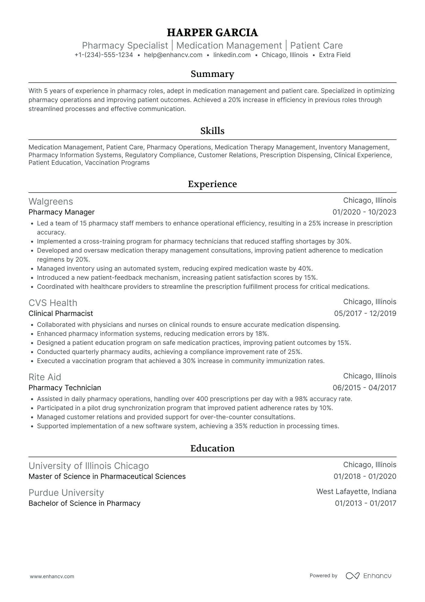 A resume example of a Retail Pharmacy Intern
