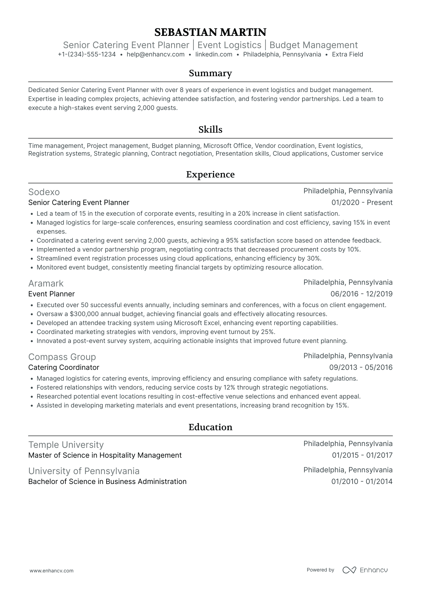 A resume example of a Catering Event Planner