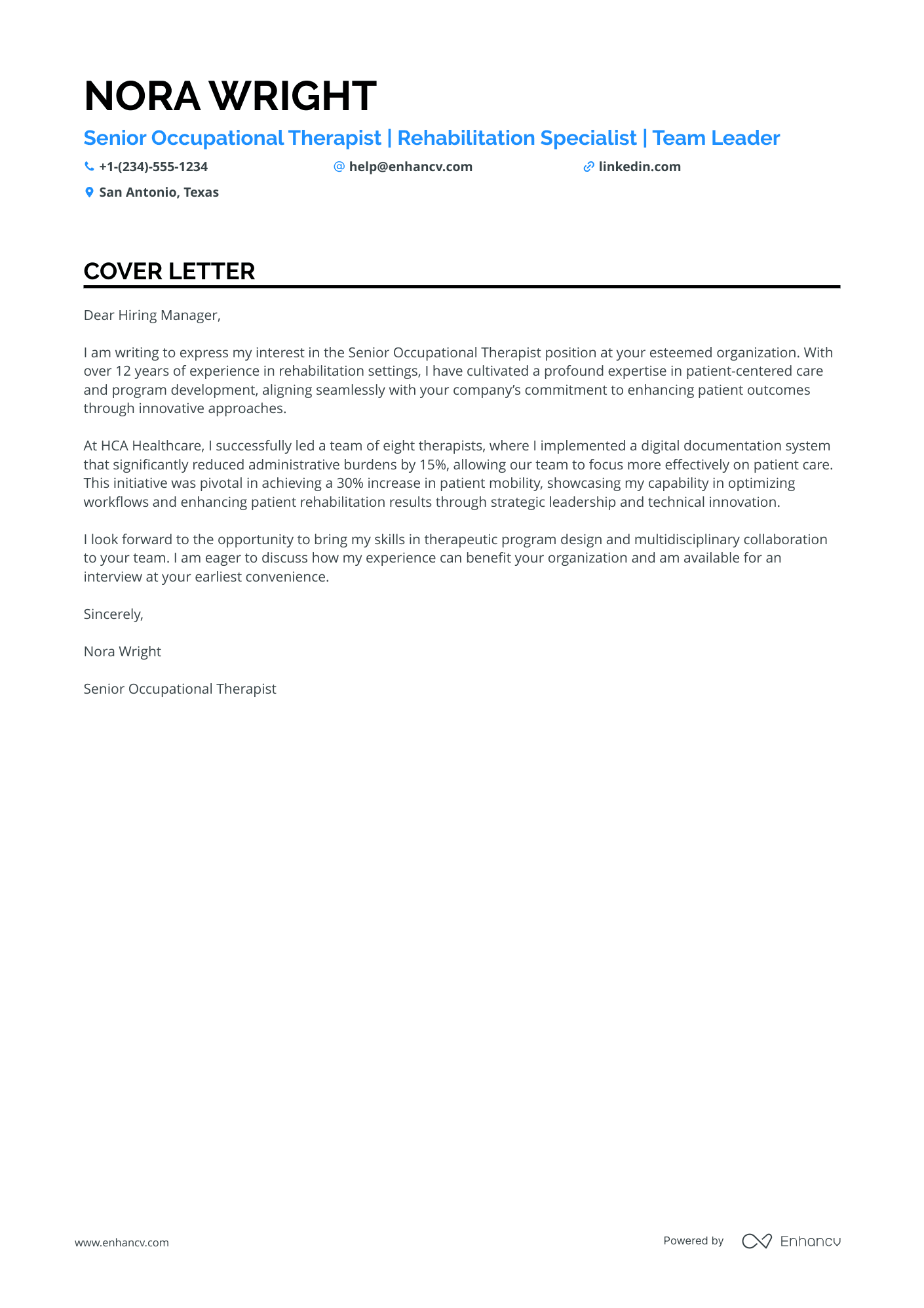 A resume example of a Senior Occupational Therapist