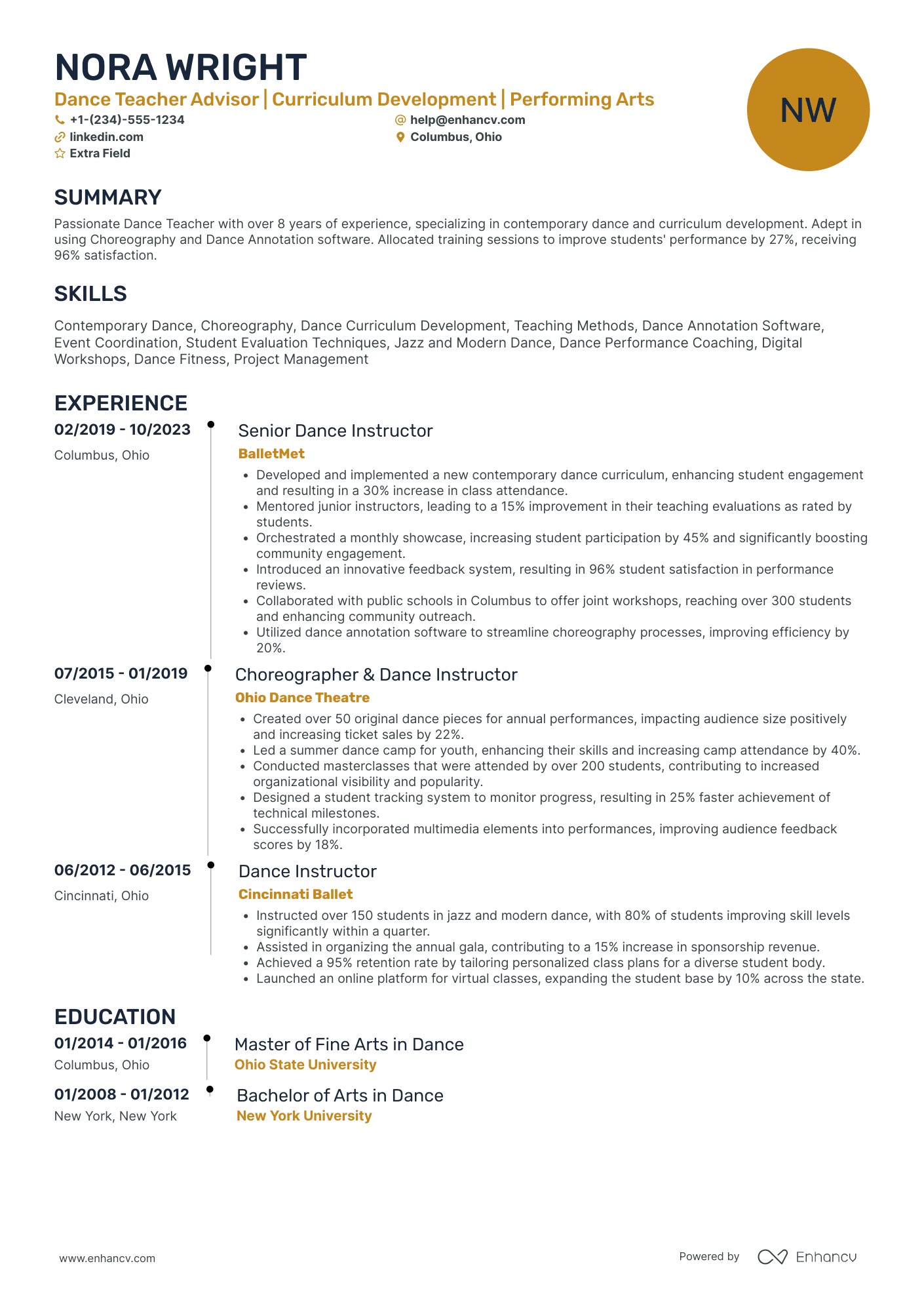 A resume example of a Dance Teacher Advisor