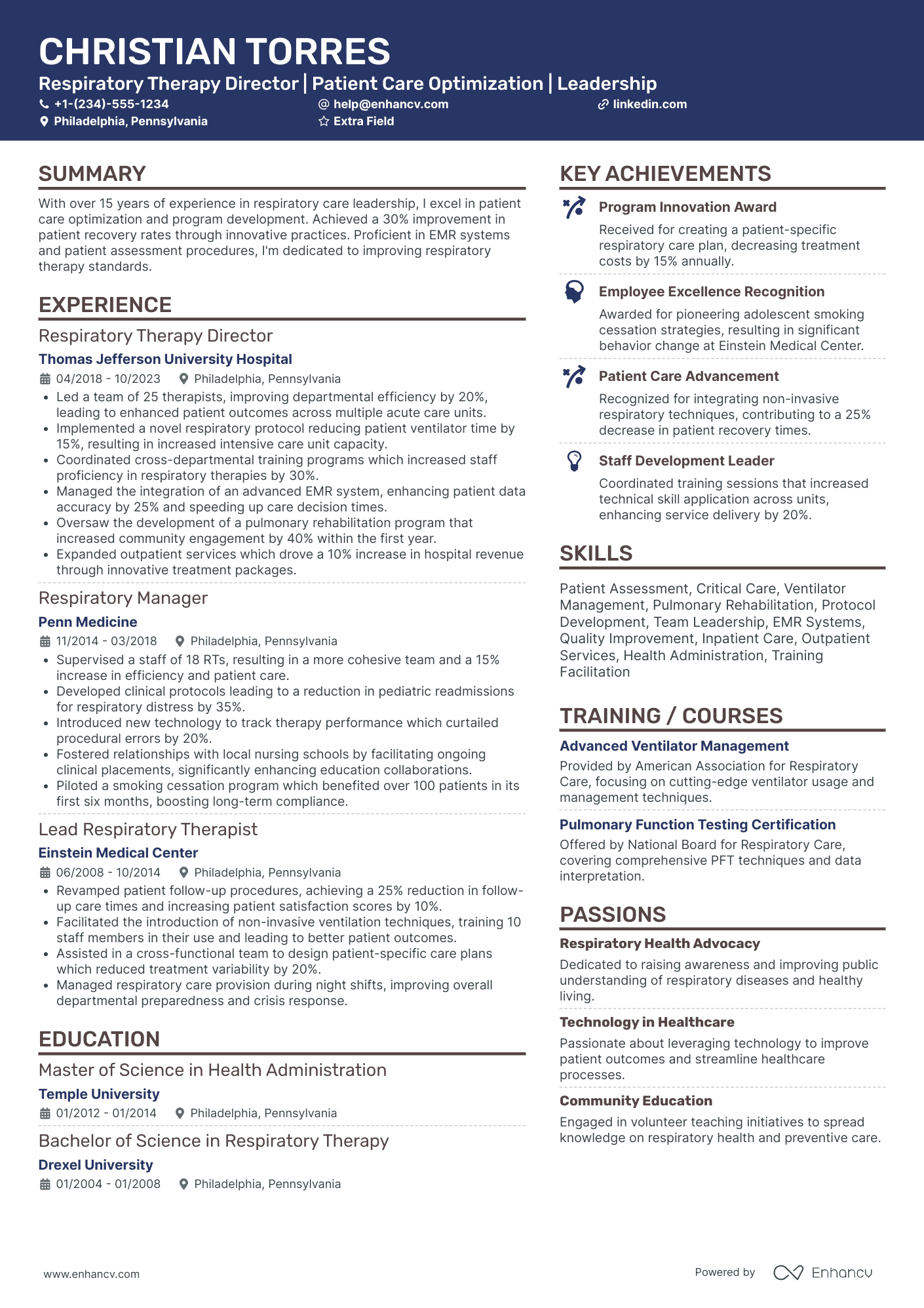 A resume example of a Respiratory Therapy Director