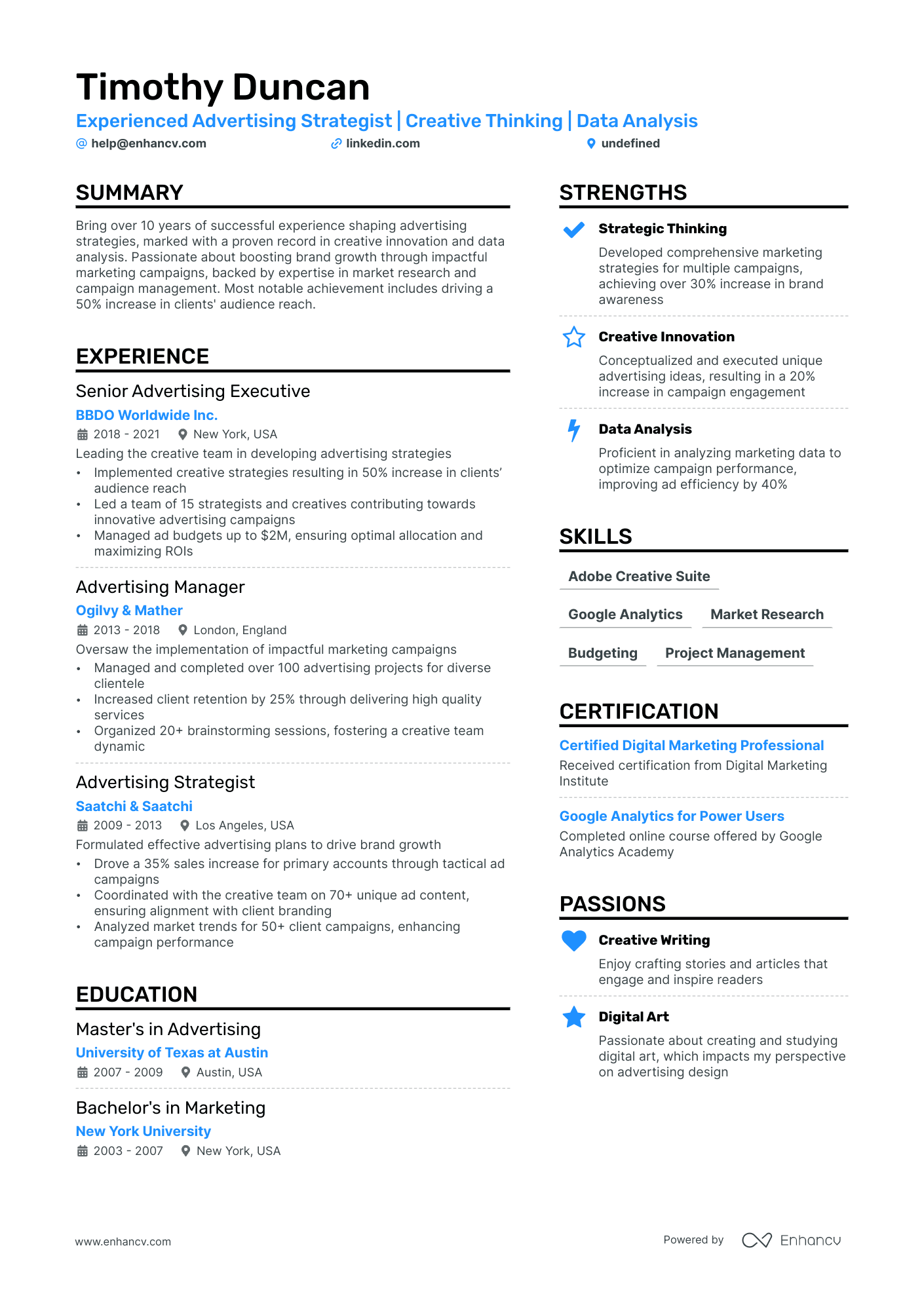 A resume example of a Advertising Agency